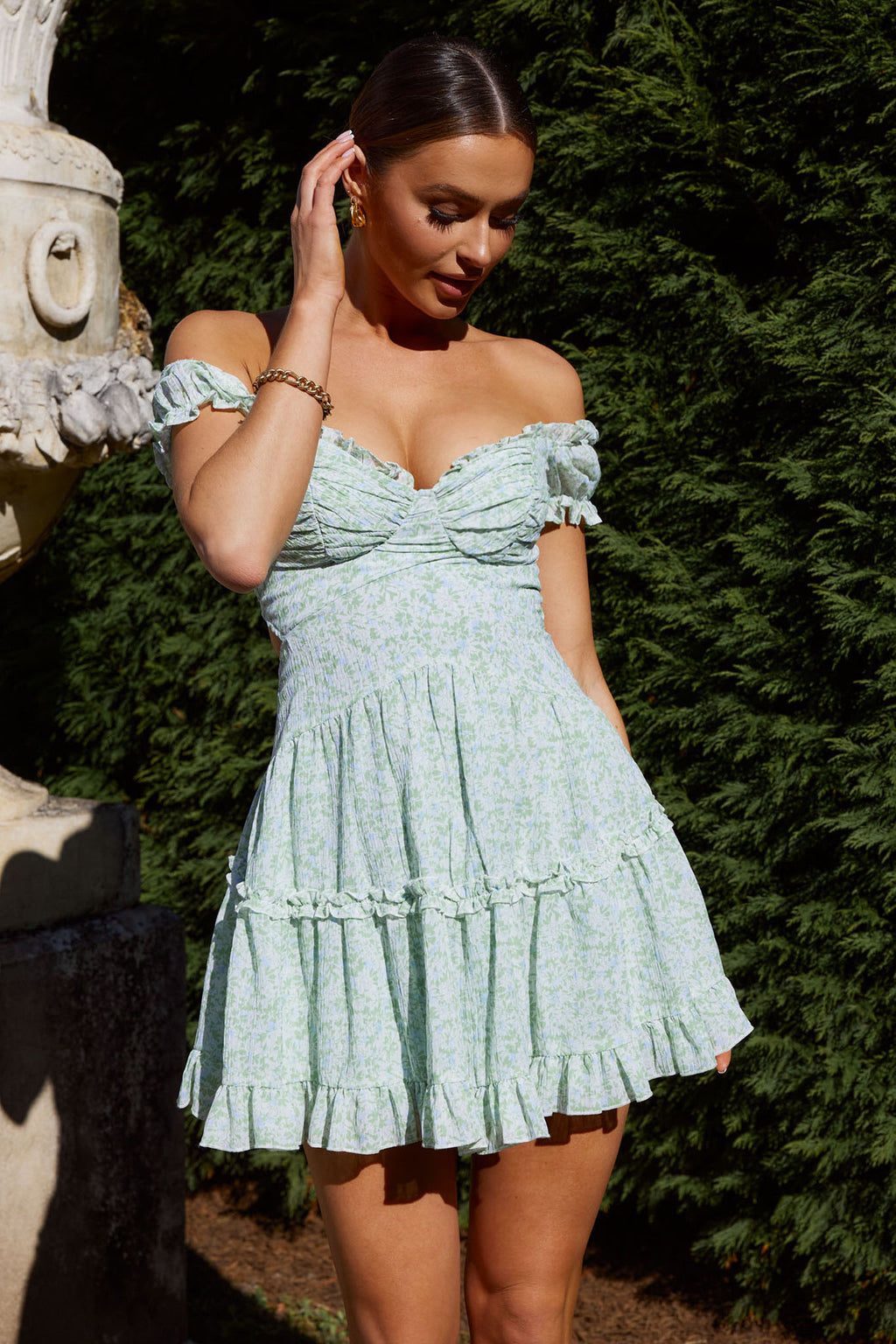 Run The World Off-Shoulder Mini Dress Floral Green by Selfie Leslie Australia
