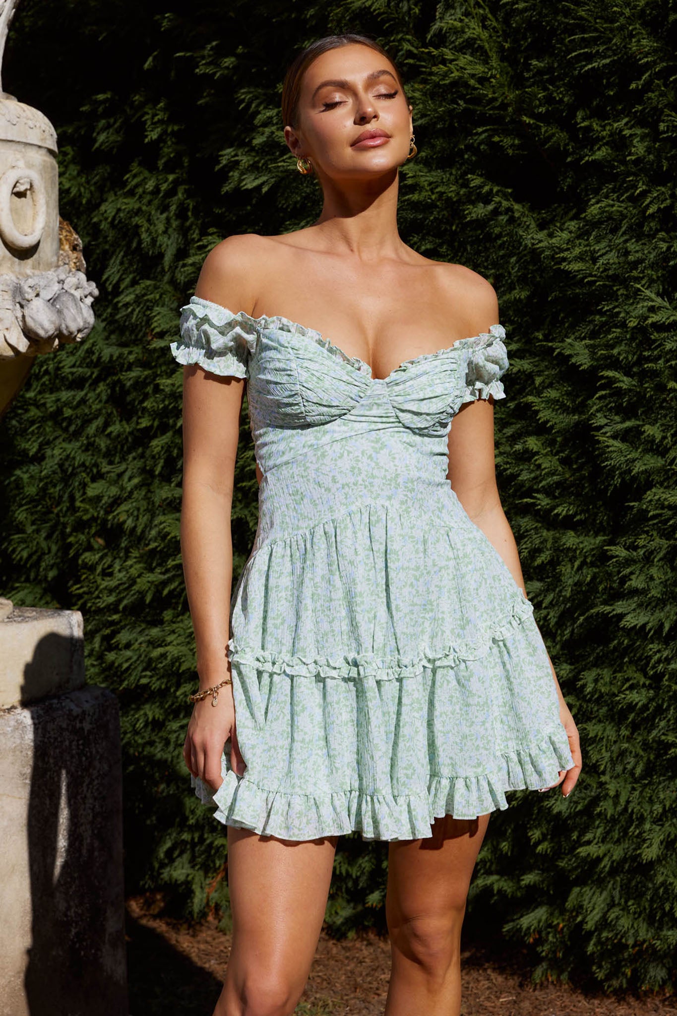 Run The World Off-Shoulder Mini Dress Floral Green by Selfie Leslie Australia
