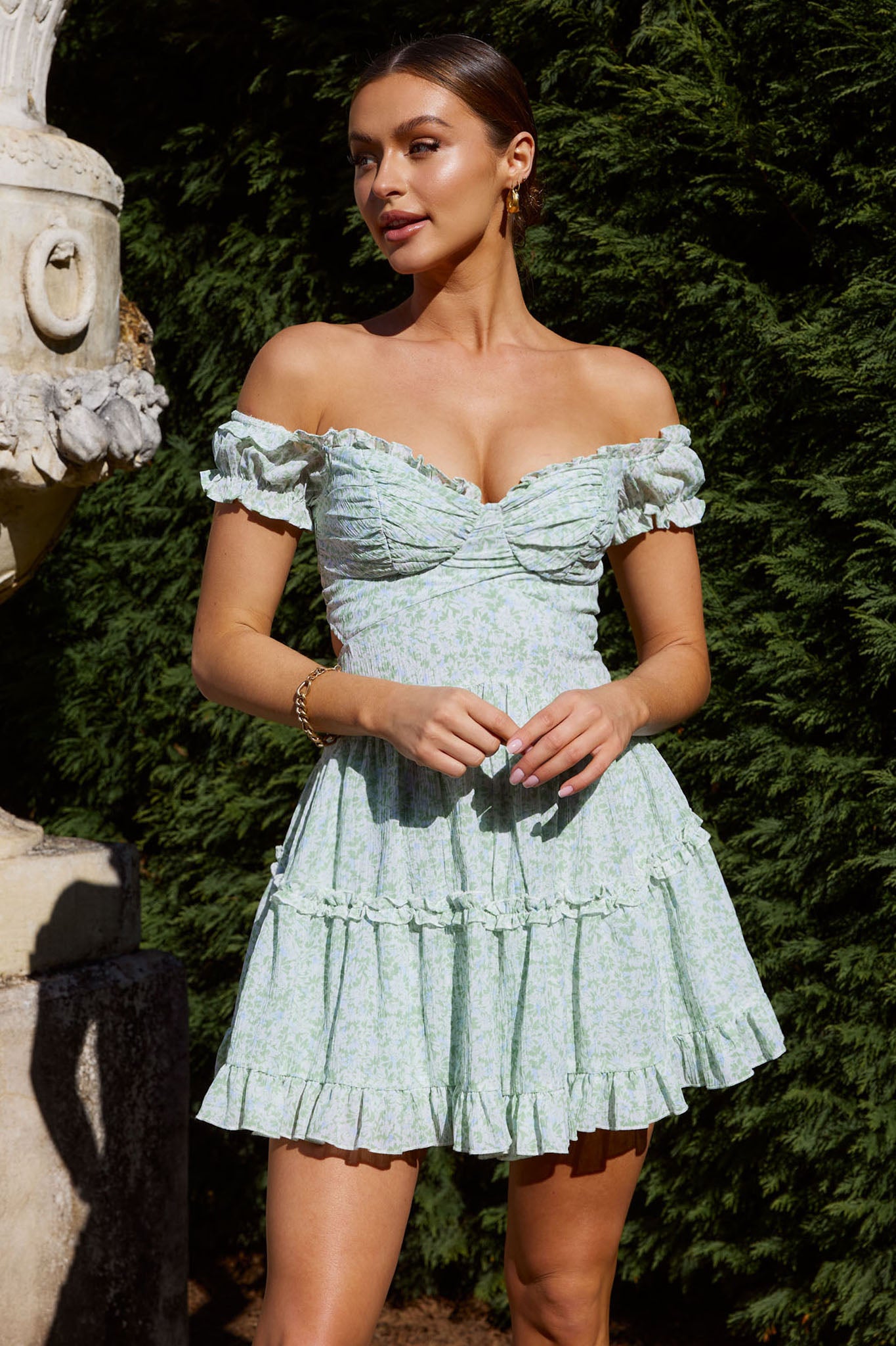 Run The World Off-Shoulder Mini Dress Floral Green by Selfie Leslie Australia