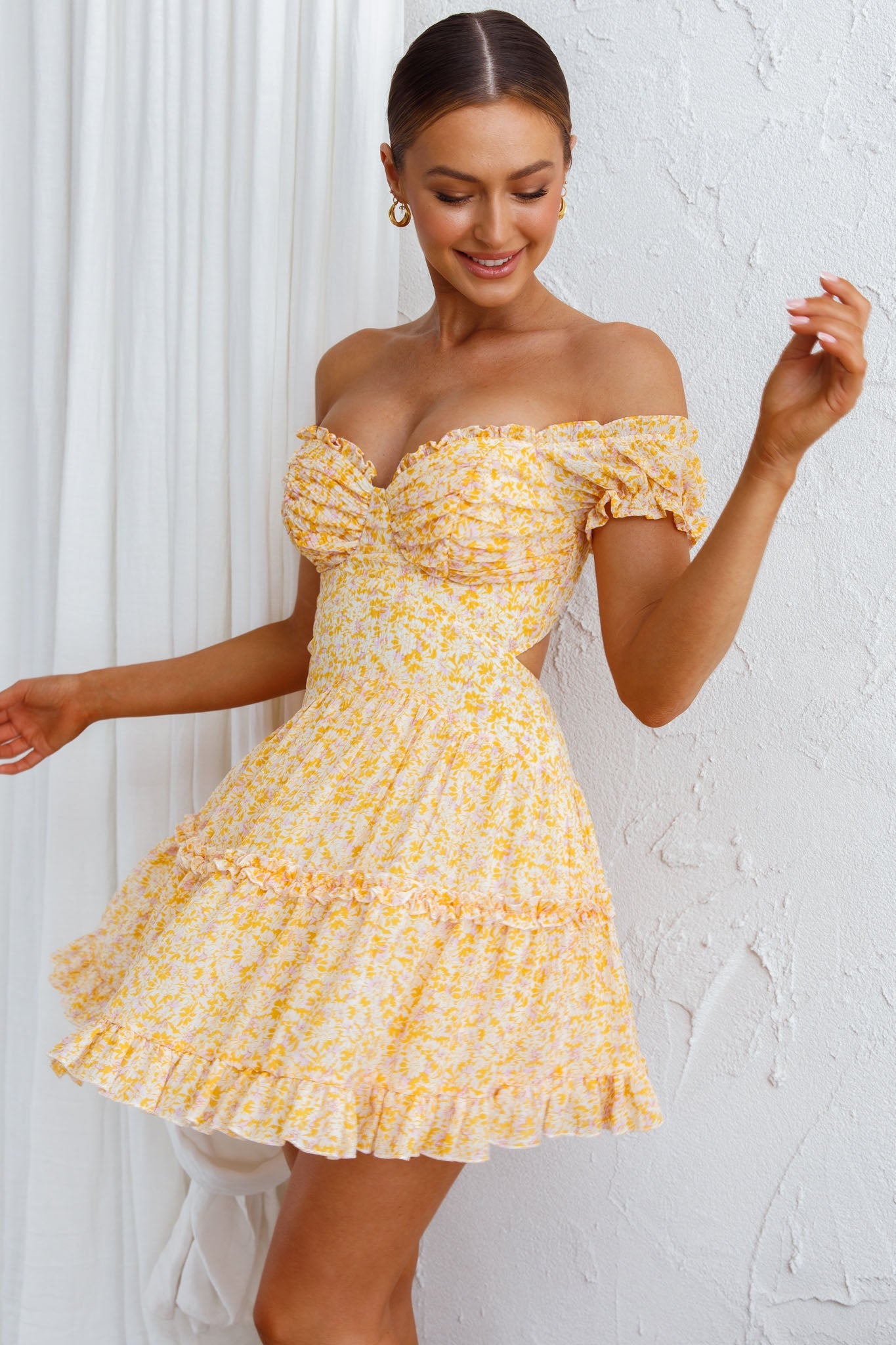 Run The World Off-Shoulder Mini Dress Floral Yellow by Selfie Leslie