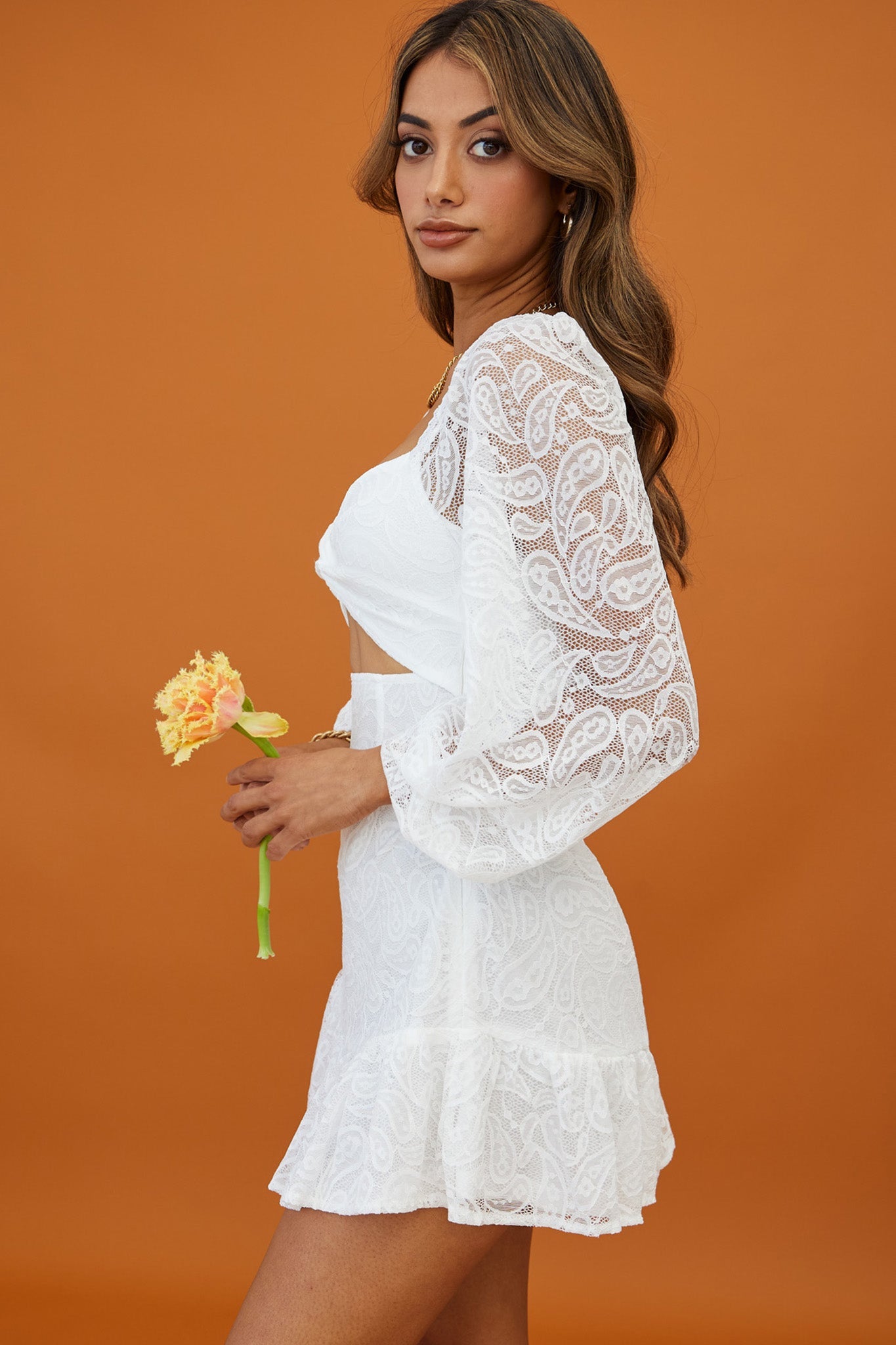 La La Land Twisted Bust & Back Paisley Lace Mini Dress White by Selfie Leslie
