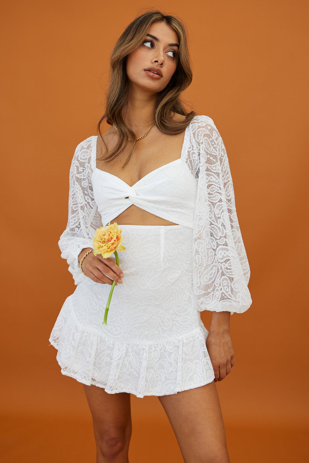 La La Land Twisted Bust & Back Paisley Lace Mini Dress White by Selfie Leslie