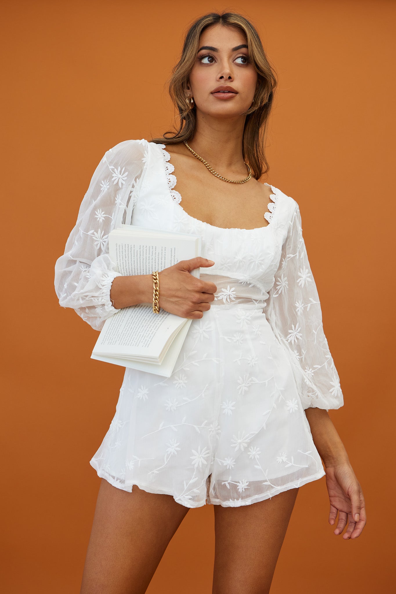 Delphine Balloon Sleeve Open Back Floral Embroidery Romper White by Selfie Leslie