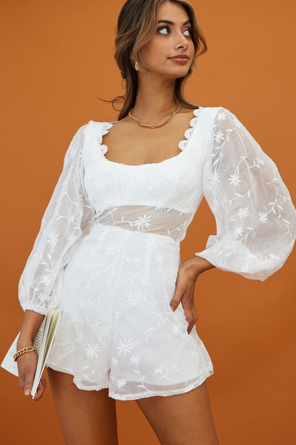 Delphine Balloon Sleeve Open Back Floral Embroidery Romper White by Selfie Leslie