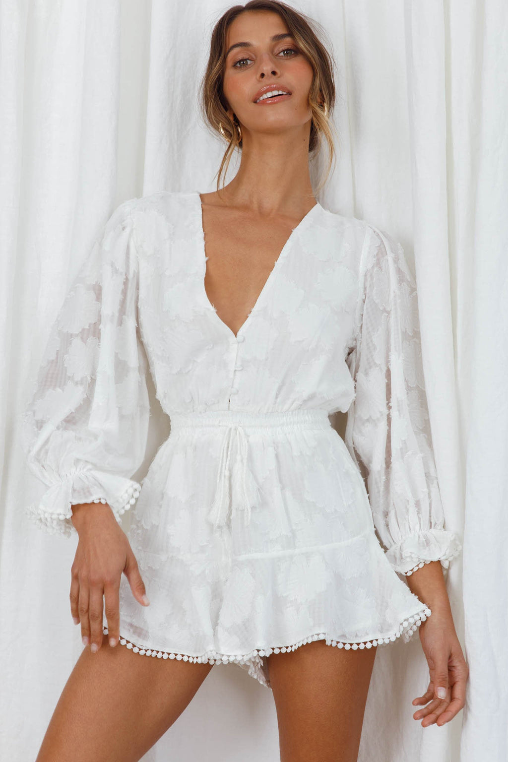 Live Free Button-Up Bodice Long Sleeve Romper White by Selfie Leslie