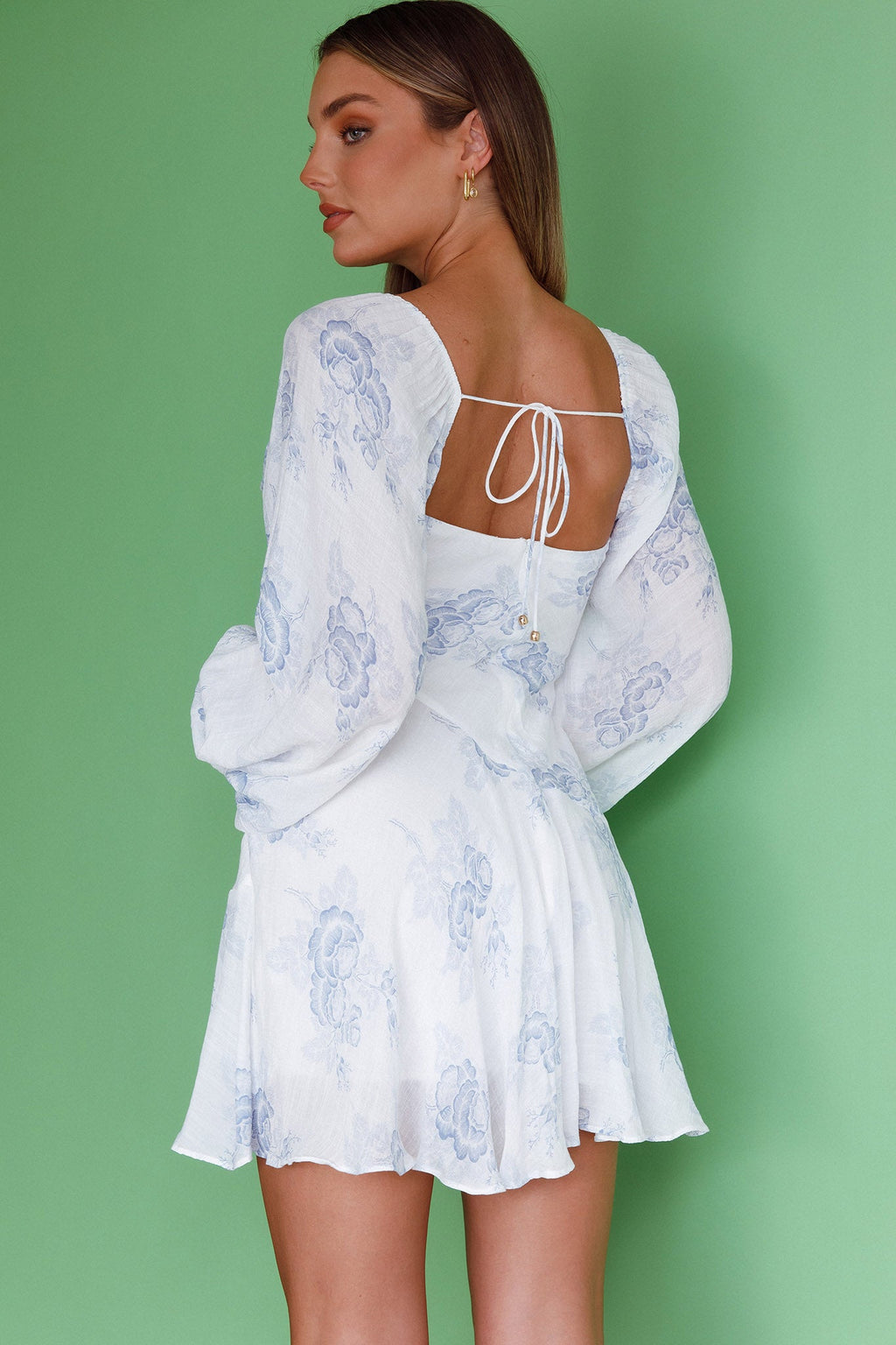 Beaujolais Long Sleeve Cowl Neckline Ruffle Mini Dress Floral Blue by Selfie Leslie