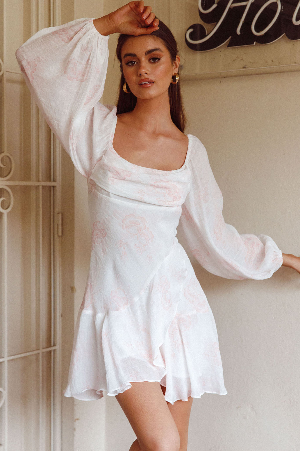 Beaujolais Long Sleeve Cowl Neckline Ruffle Mini Dress Floral Blush by Selfie Leslie Australia
