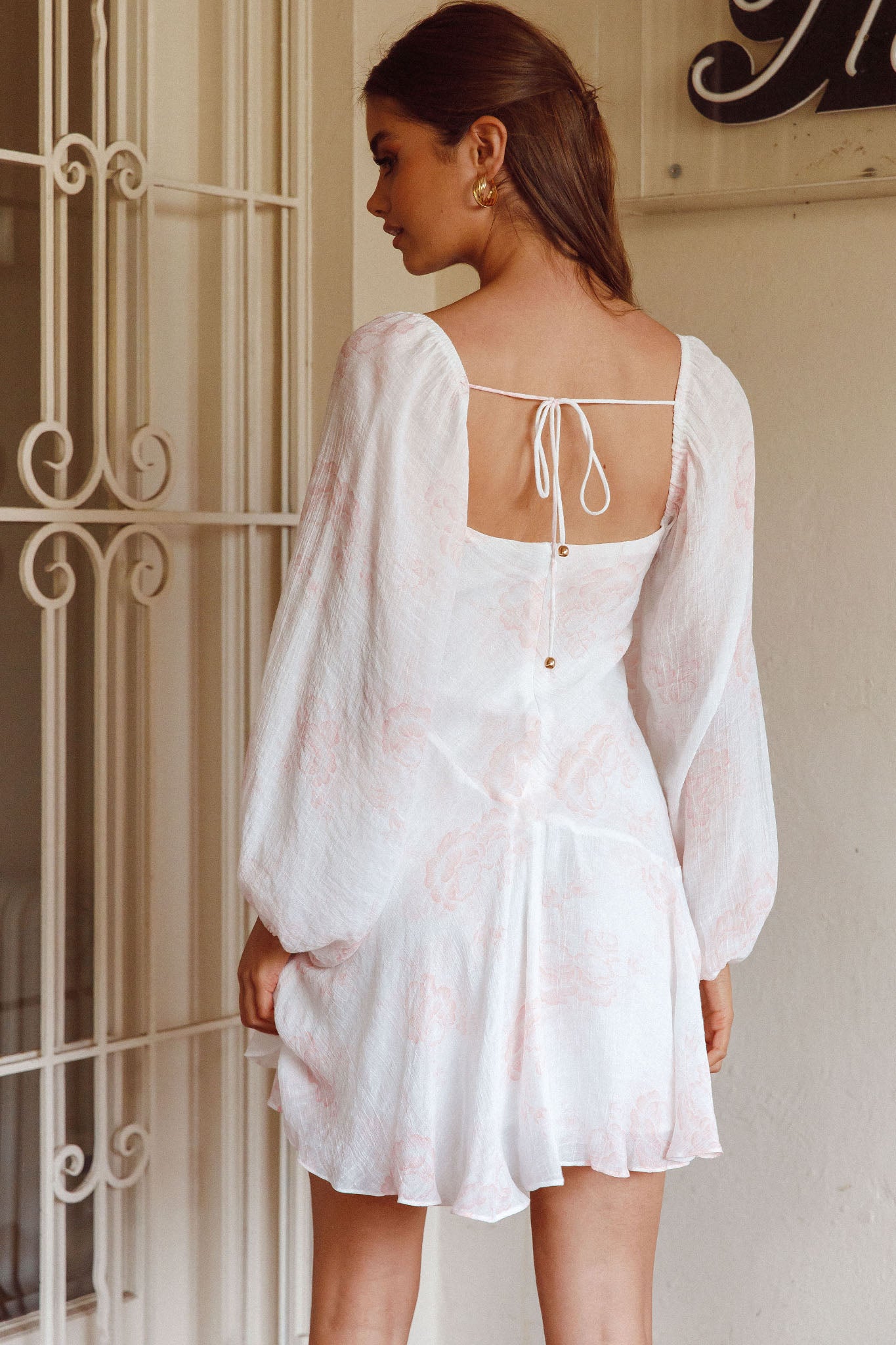 Beaujolais Long Sleeve Cowl Neckline Ruffle Mini Dress Floral Blush by Selfie Leslie Australia