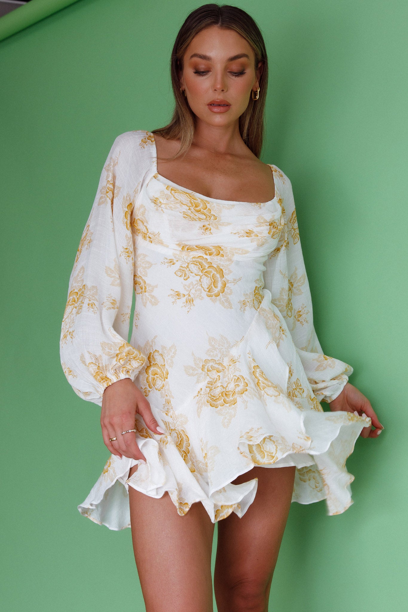 Beaujolais Long Sleeve Cowl Neckline Ruffle Mini Dress Floral Yellow by Selfie Leslie Australia