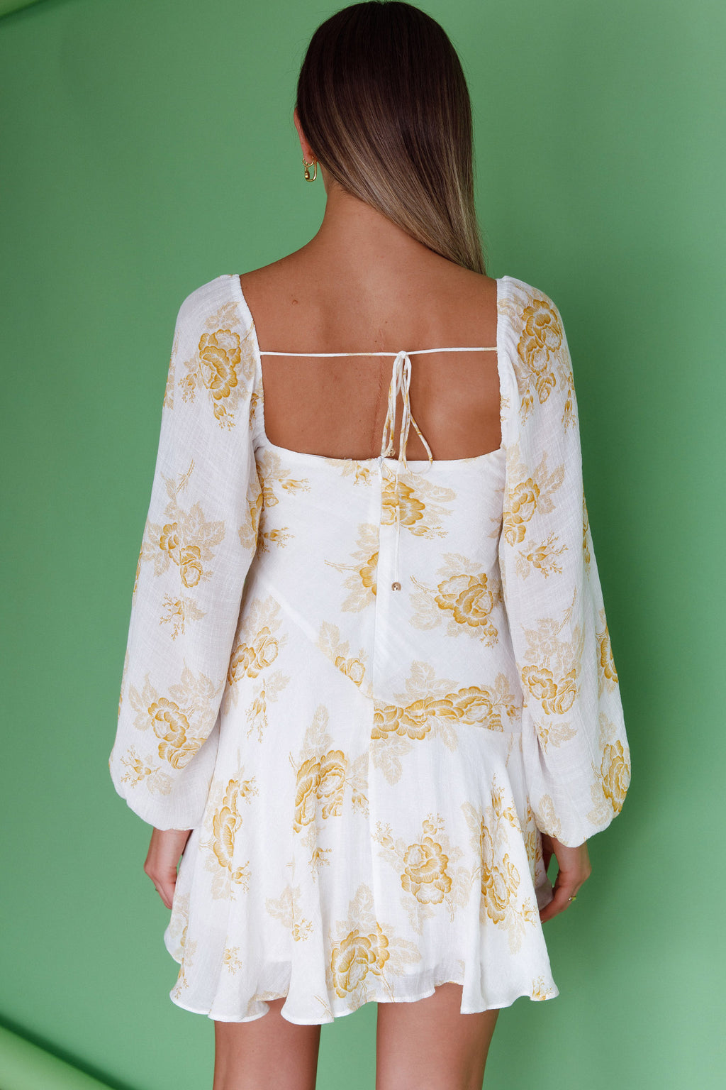 Beaujolais Long Sleeve Cowl Neckline Ruffle Mini Dress Floral Yellow by Selfie Leslie Australia