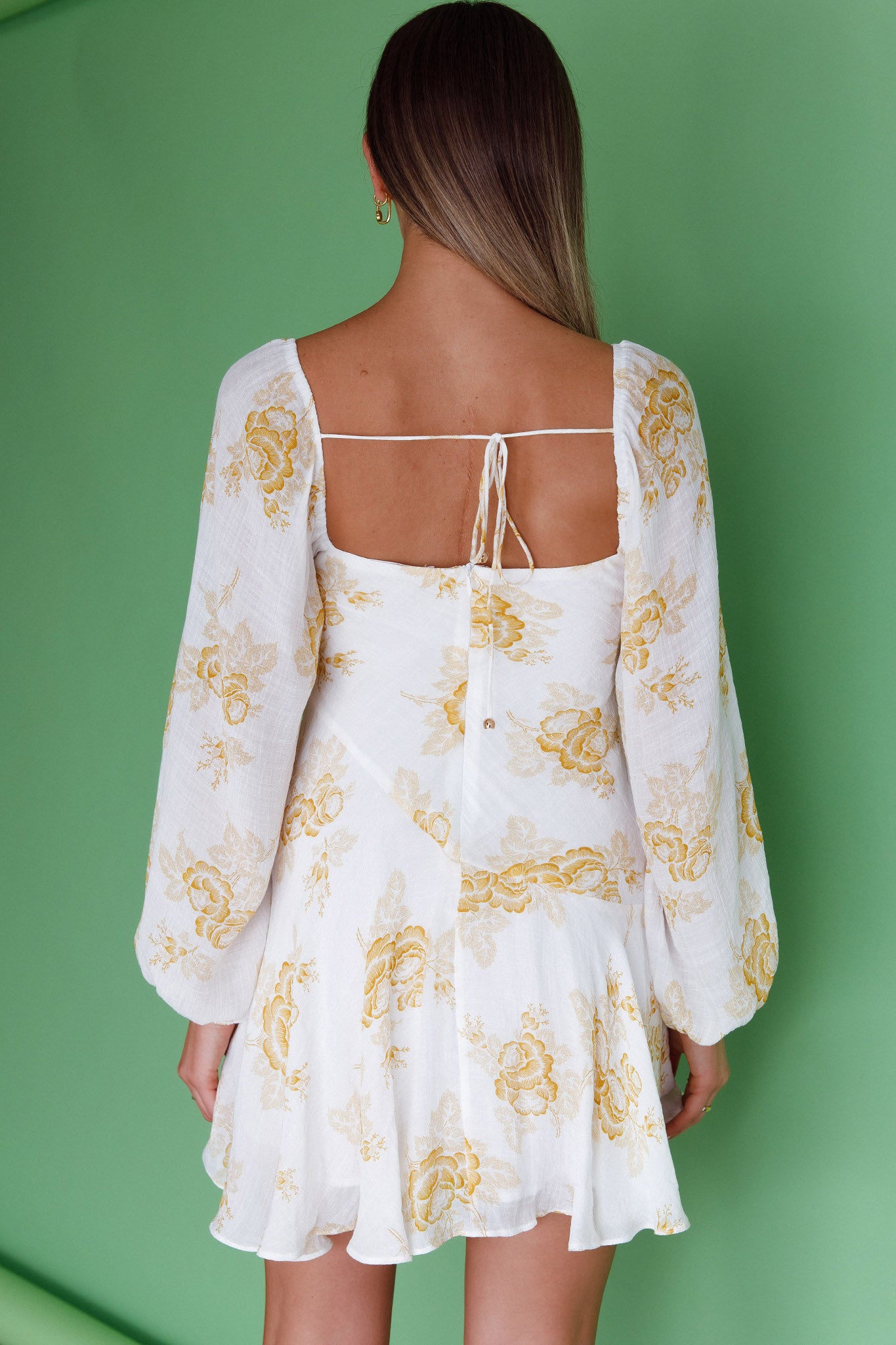 Beaujolais Long Sleeve Cowl Neckline Ruffle Mini Dress Floral Yellow by Selfie Leslie Australia