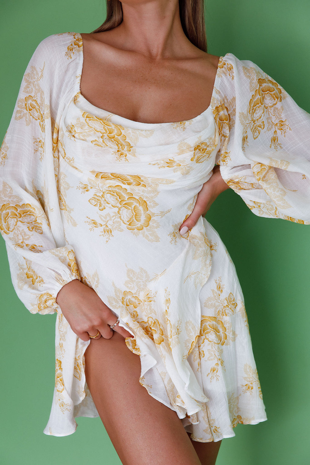 Beaujolais Long Sleeve Cowl Neckline Ruffle Mini Dress Floral Yellow by Selfie Leslie Australia