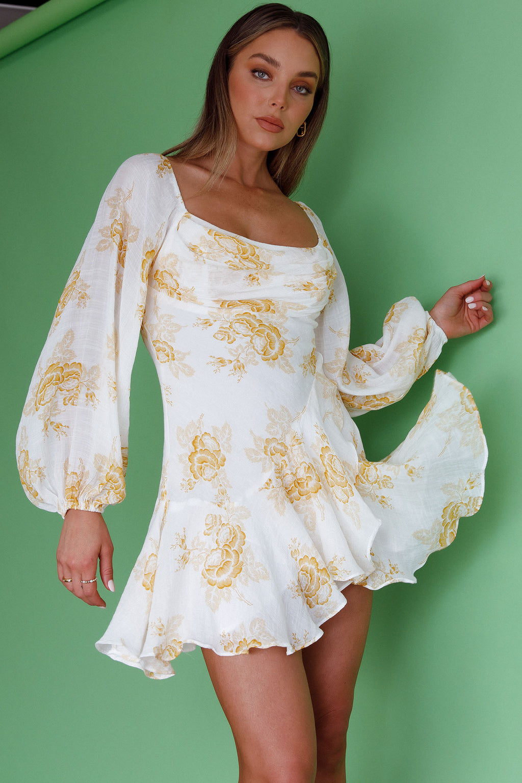 Beaujolais Long Sleeve Cowl Neckline Ruffle Mini Dress Floral Yellow by Selfie Leslie Australia