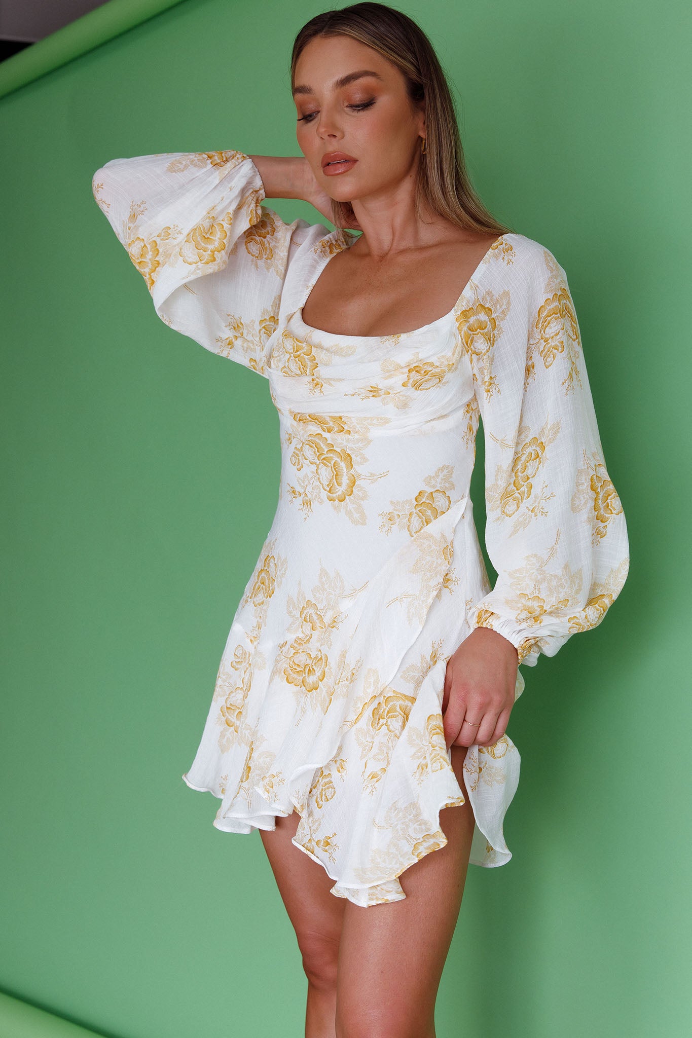 Beaujolais Long Sleeve Cowl Neckline Ruffle Mini Dress Floral Yellow by Selfie Leslie Australia
