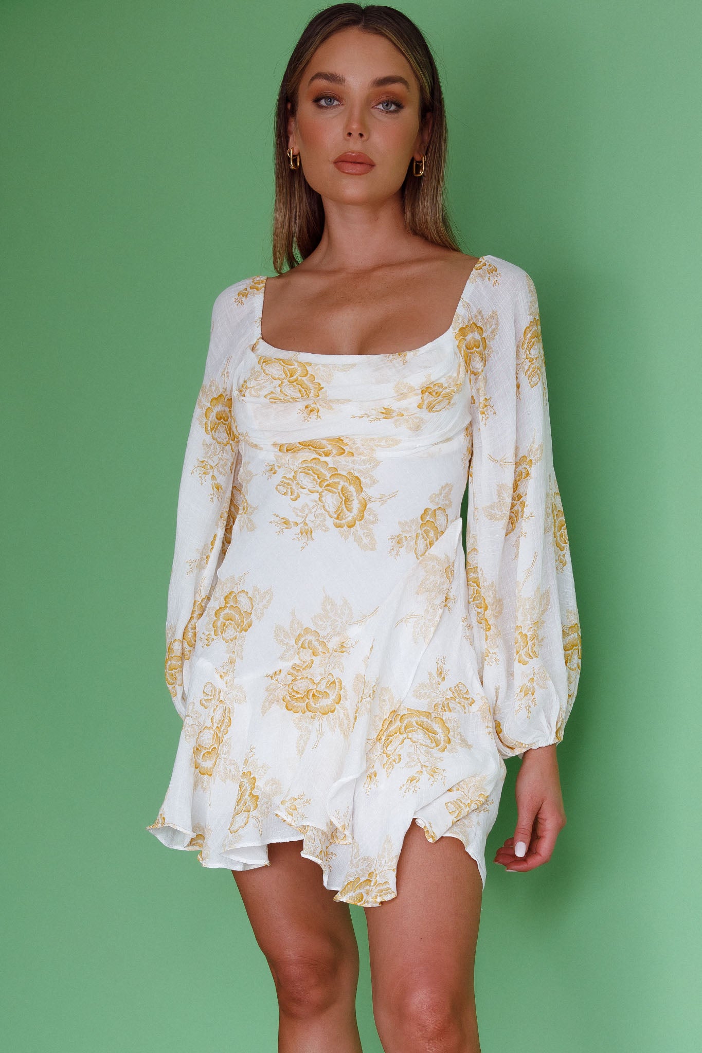 Beaujolais Long Sleeve Cowl Neckline Ruffle Mini Dress Floral Yellow by Selfie Leslie Australia