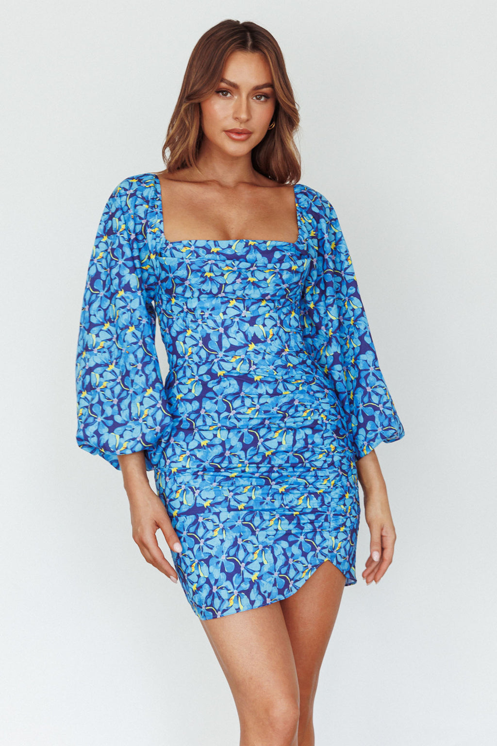 Beaujolais Long Sleeve Ruched Mini Dress Floral Blue by Selfie Leslie Australia