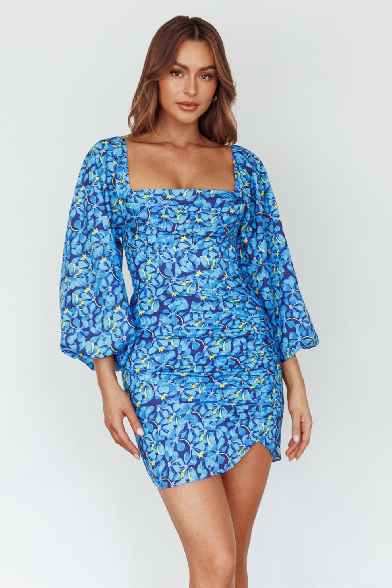 Beaujolais Long Sleeve Ruched Mini Dress Floral Blue by Selfie Leslie Australia