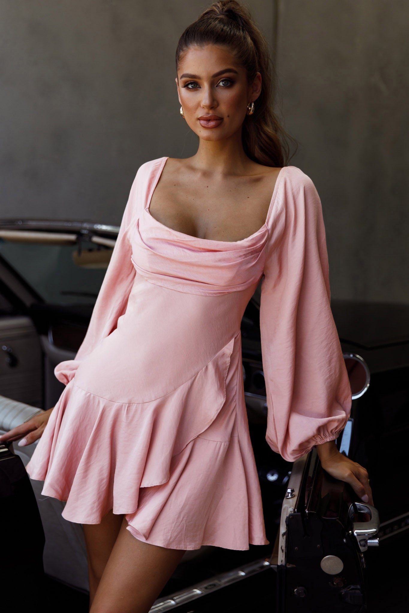 Beaujolais Long Sleeve Cowl Neckline Ruffle Satin Mini Dress Blush by Selfie Leslie