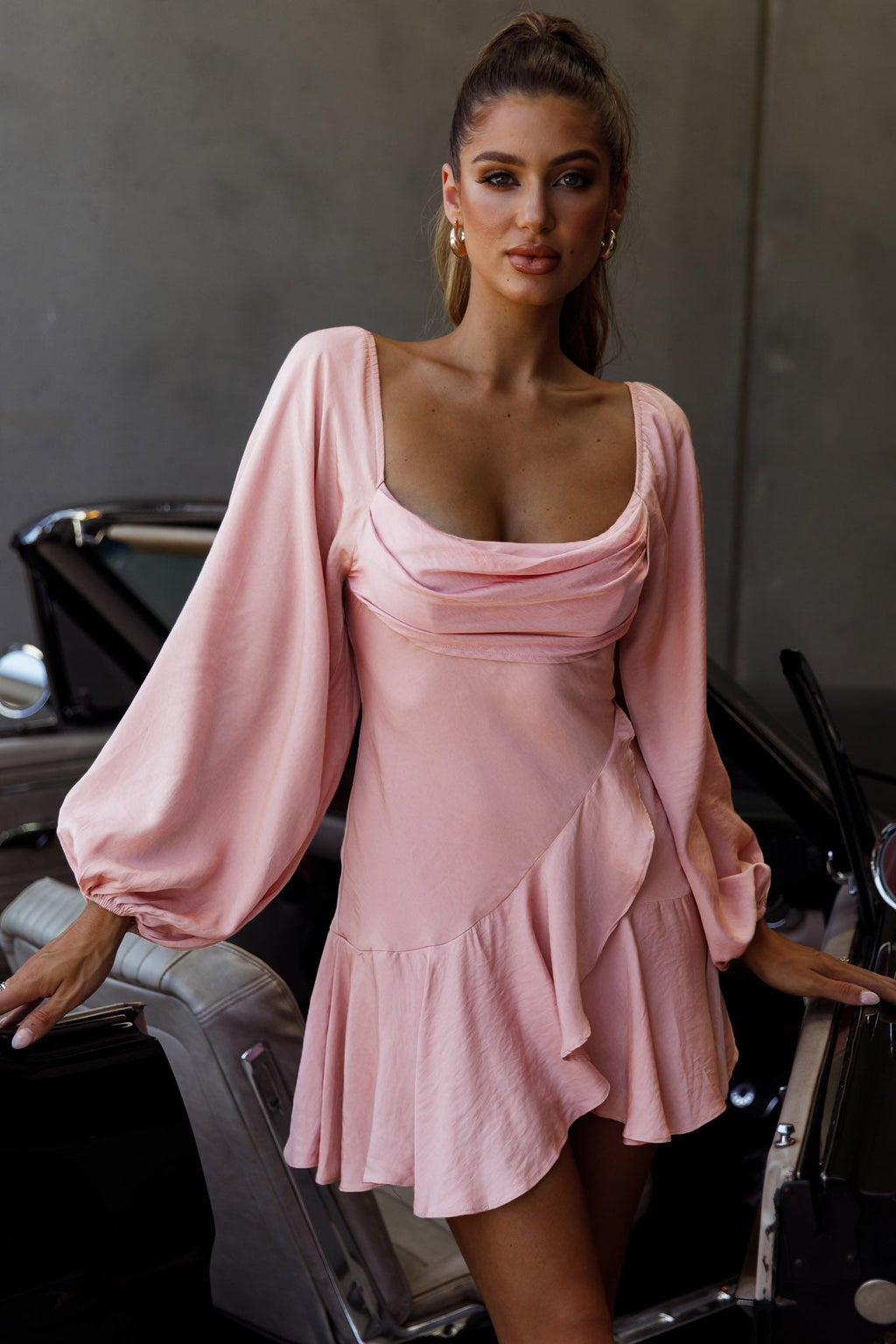 Beaujolais Long Sleeve Cowl Neckline Ruffle Satin Mini Dress Blush by Selfie Leslie