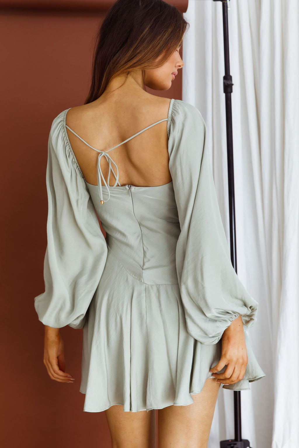 Beaujolais Long Sleeve Cowl Neckline Ruffle Satin Mini Dress Pistachio by Selfie Leslie