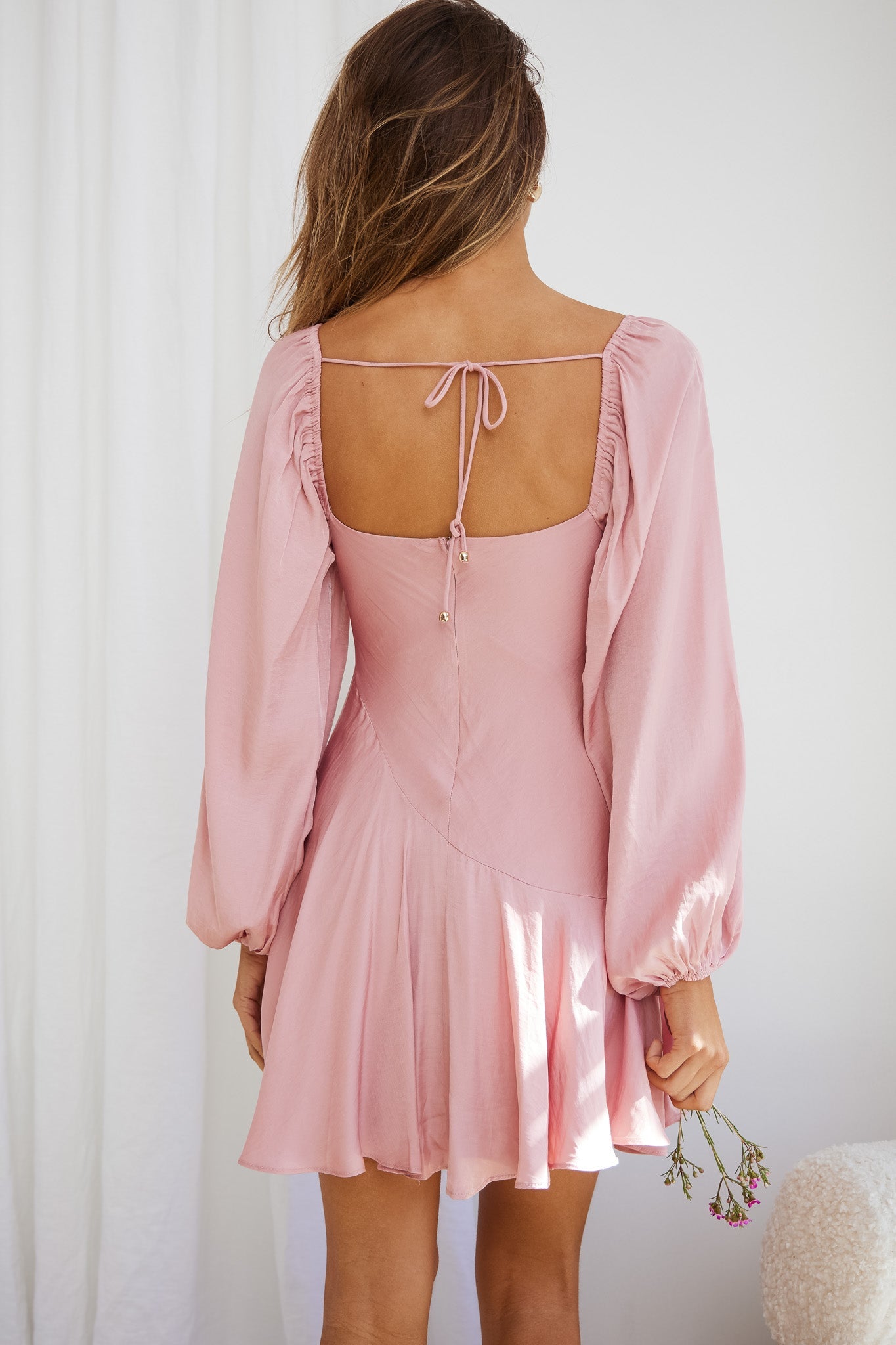 Beaujolais Long Sleeve Cowl Neckline Ruffle Satin Mini Dress Blush by Selfie Leslie