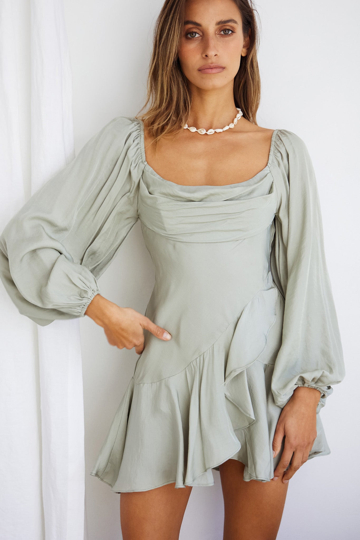 Beaujolais Long Sleeve Cowl Neckline Ruffle Satin Mini Dress Pistachio by Selfie Leslie