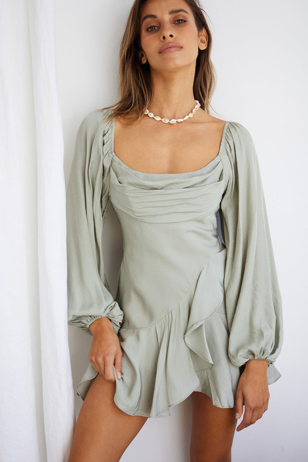 Beaujolais Long Sleeve Cowl Neckline Ruffle Satin Mini Dress Pistachio by Selfie Leslie
