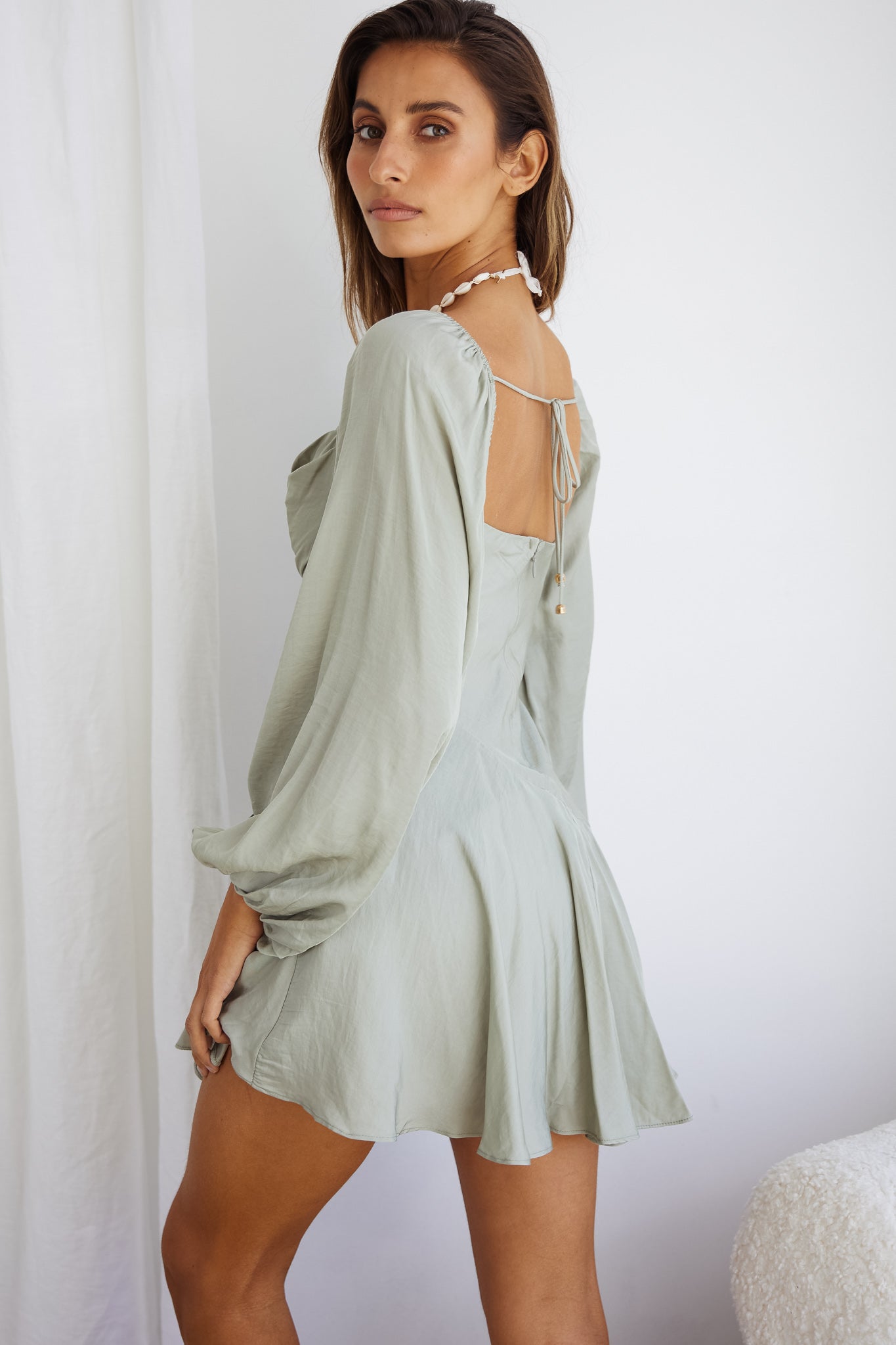 Beaujolais Long Sleeve Cowl Neckline Ruffle Satin Mini Dress Pistachio by Selfie Leslie
