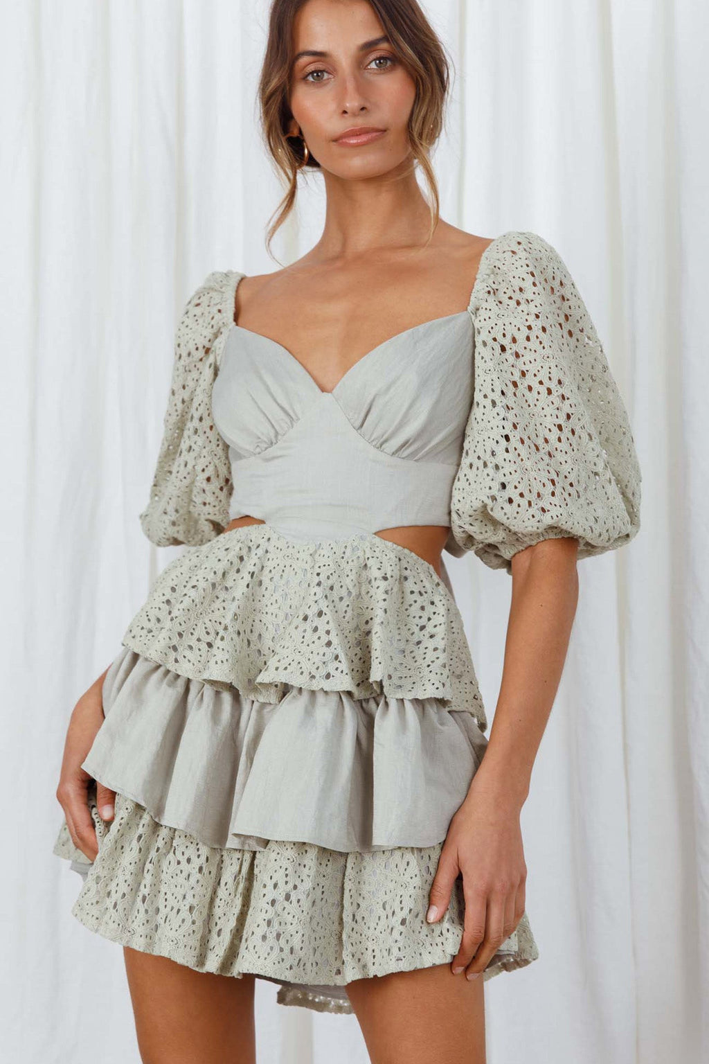 Emery Floral Lace Accent Layered Ruffle Tie Back Dress Avocado by Selfie Leslie