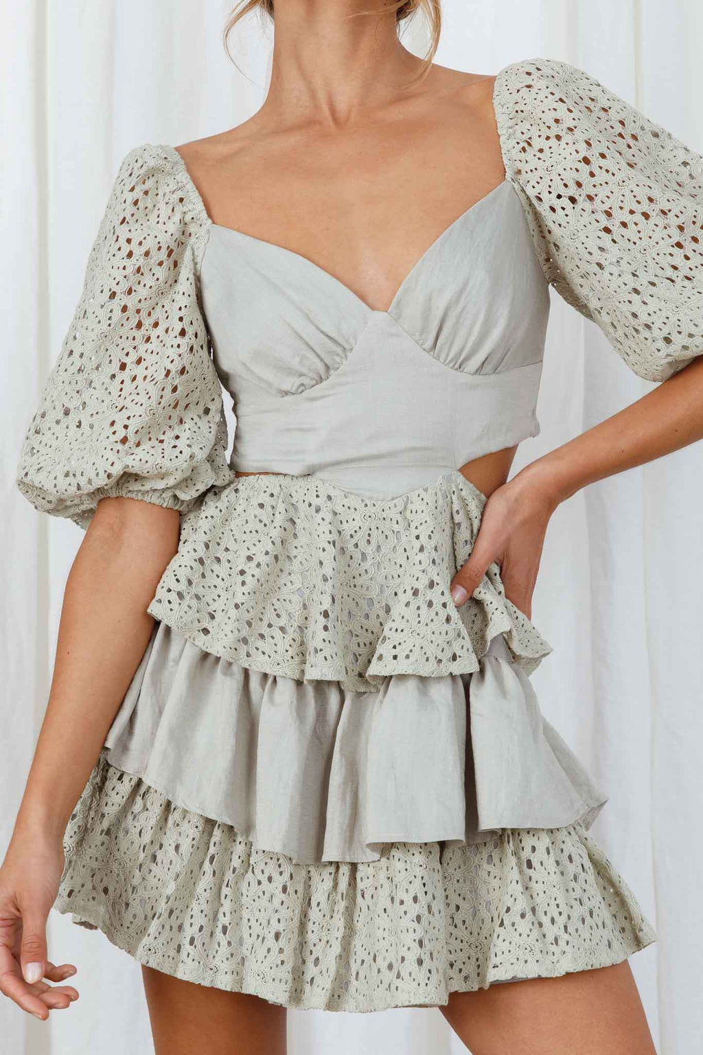 Emery Floral Lace Accent Layered Ruffle Tie Back Dress Avocado by Selfie Leslie