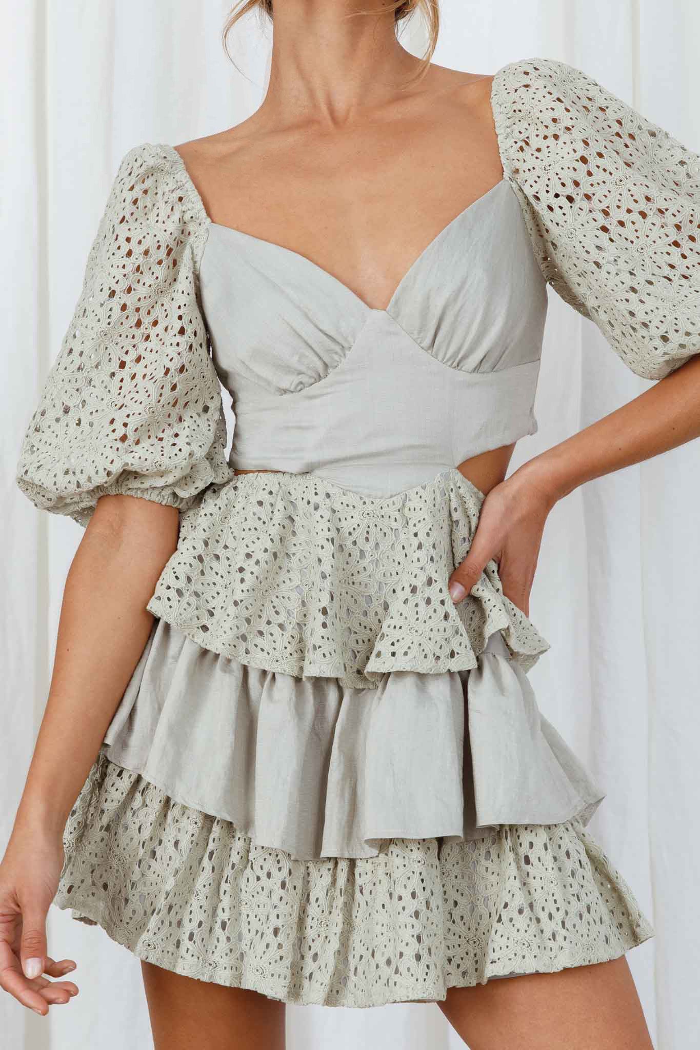 Emery Floral Lace Accent Layered Ruffle Tie Back Dress Avocado by Selfie Leslie