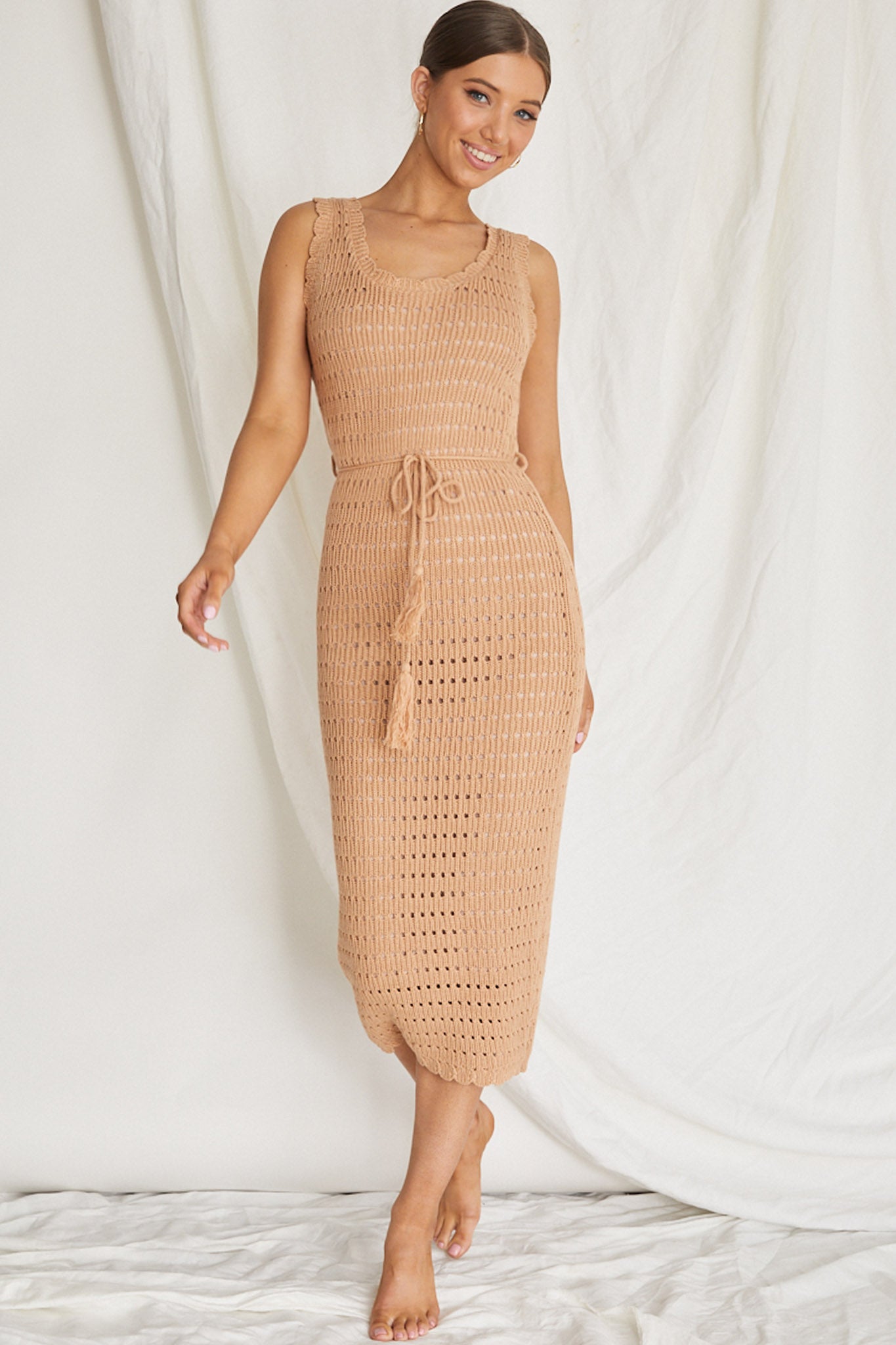 Wander Lust Crochet Midi Dress Mocha by Selfie Leslie Australia