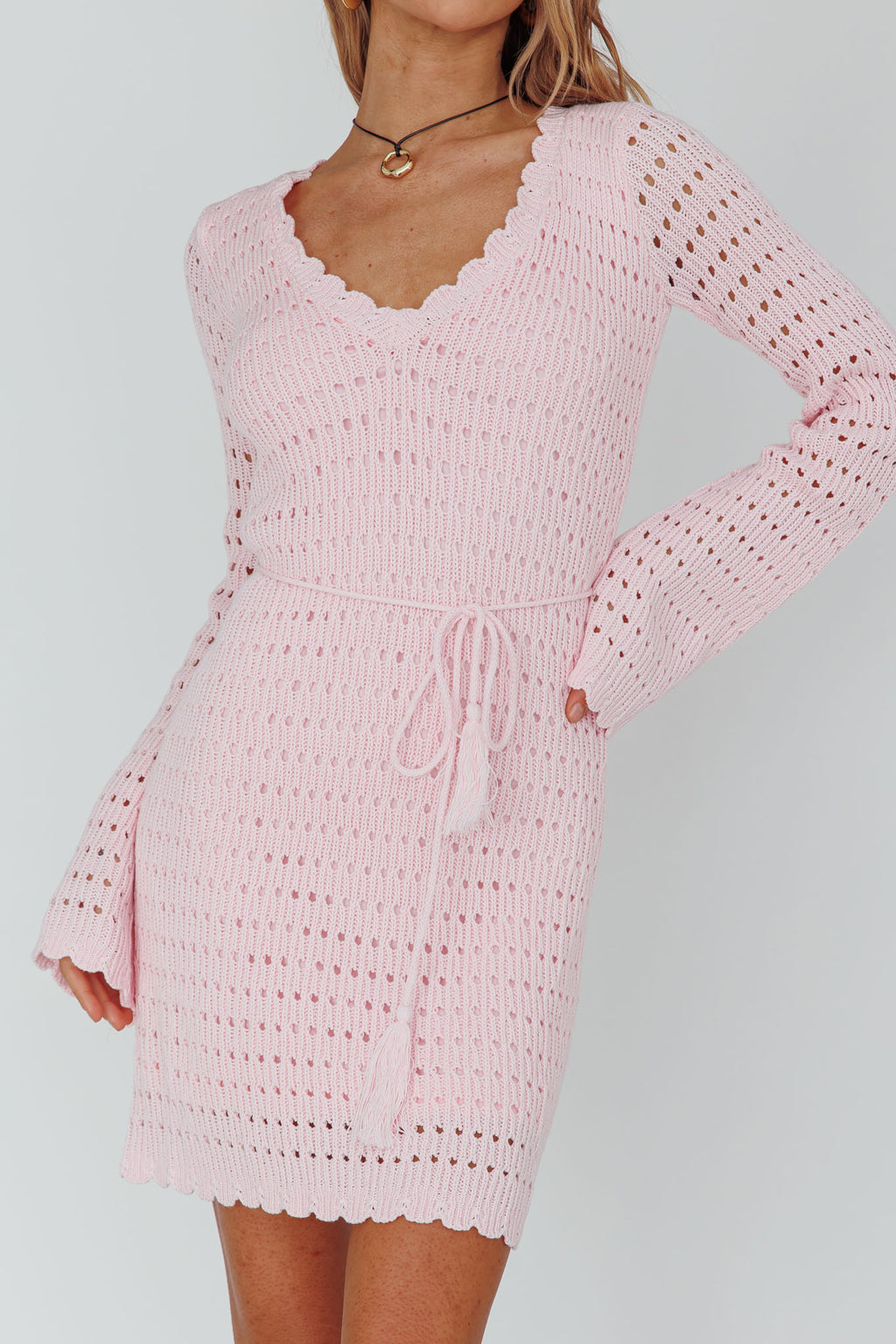 Wander Lust Long Sleeve Crochet Mini Dress Blush by Selfie Leslie Australia