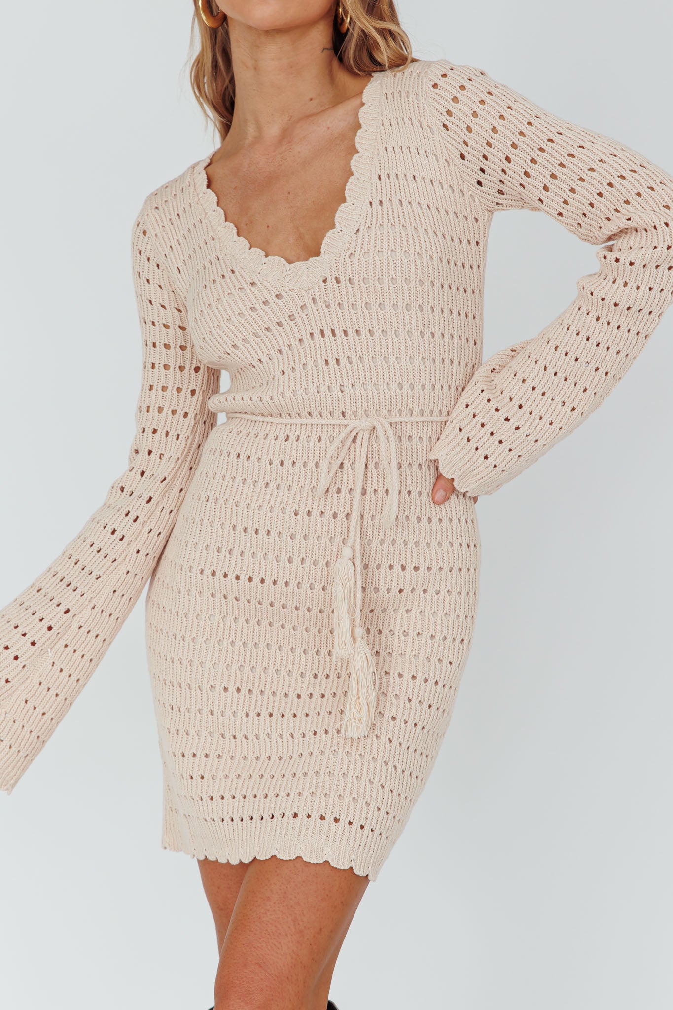 Wander Lust Long Sleeve Crochet Mini Dress Sand by Selfie Leslie Australia