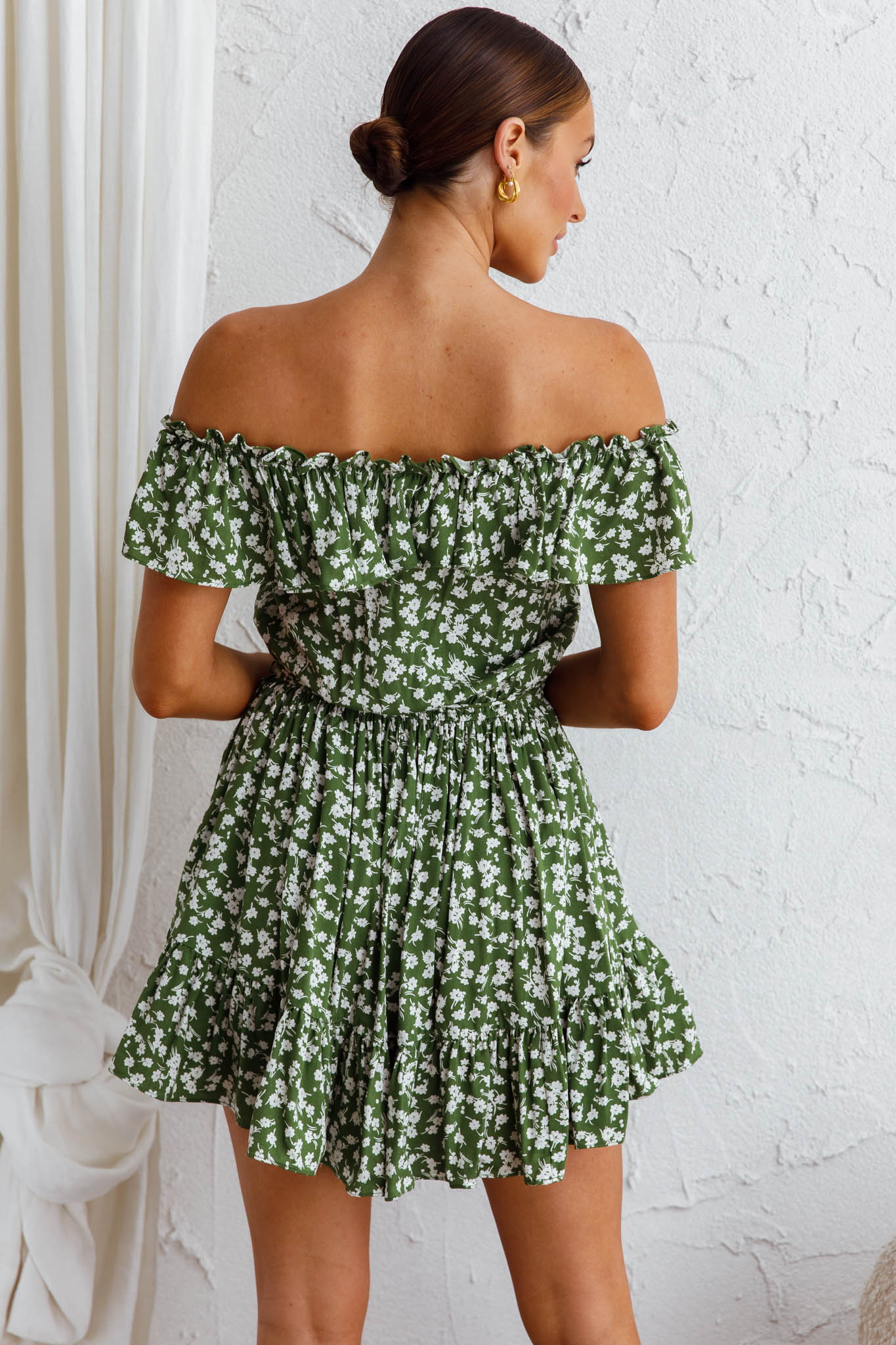Andie Off-Shoulder Frill Dress Floral Green by Selfie Leslie