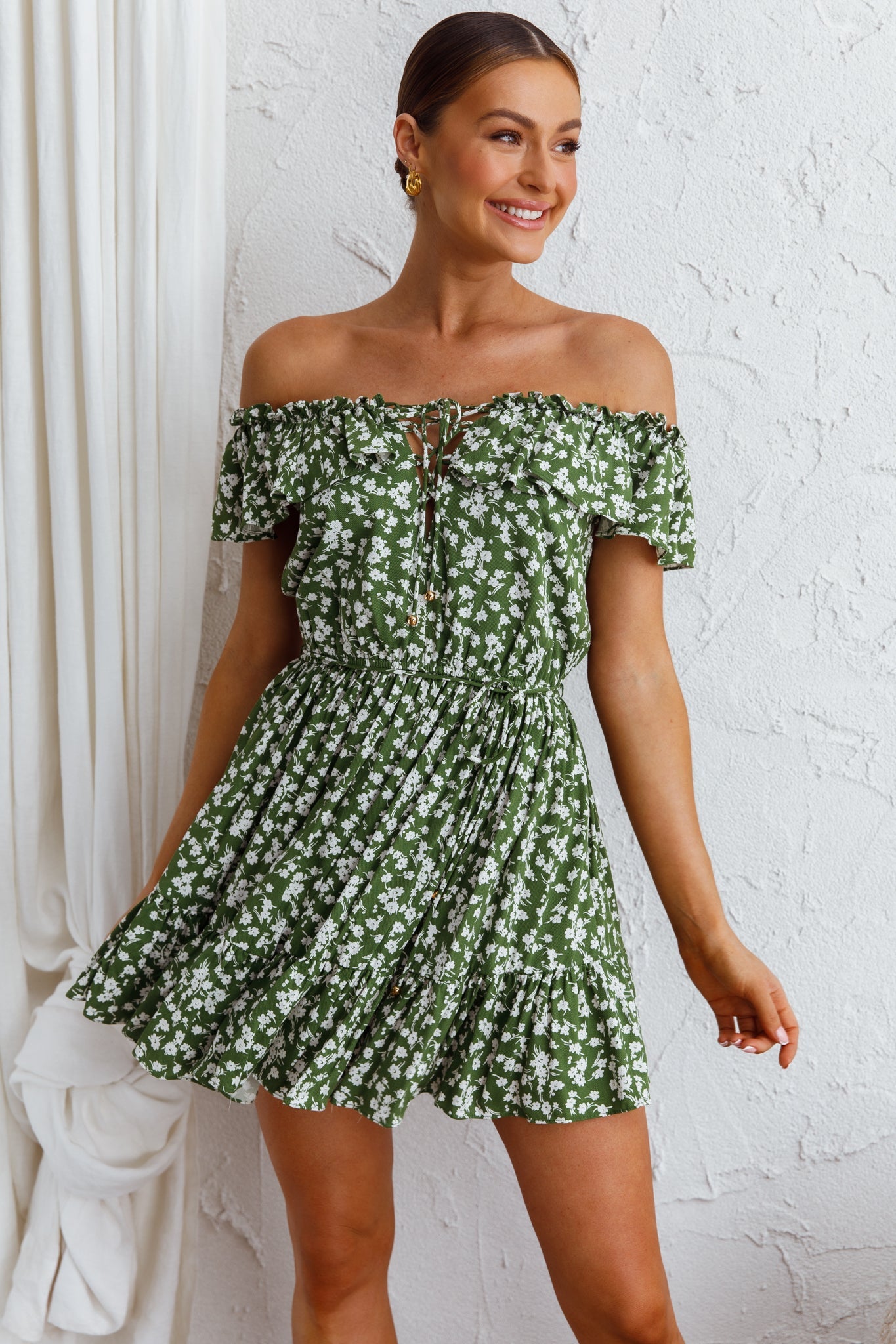 Andie Off-Shoulder Frill Dress Floral Green by Selfie Leslie