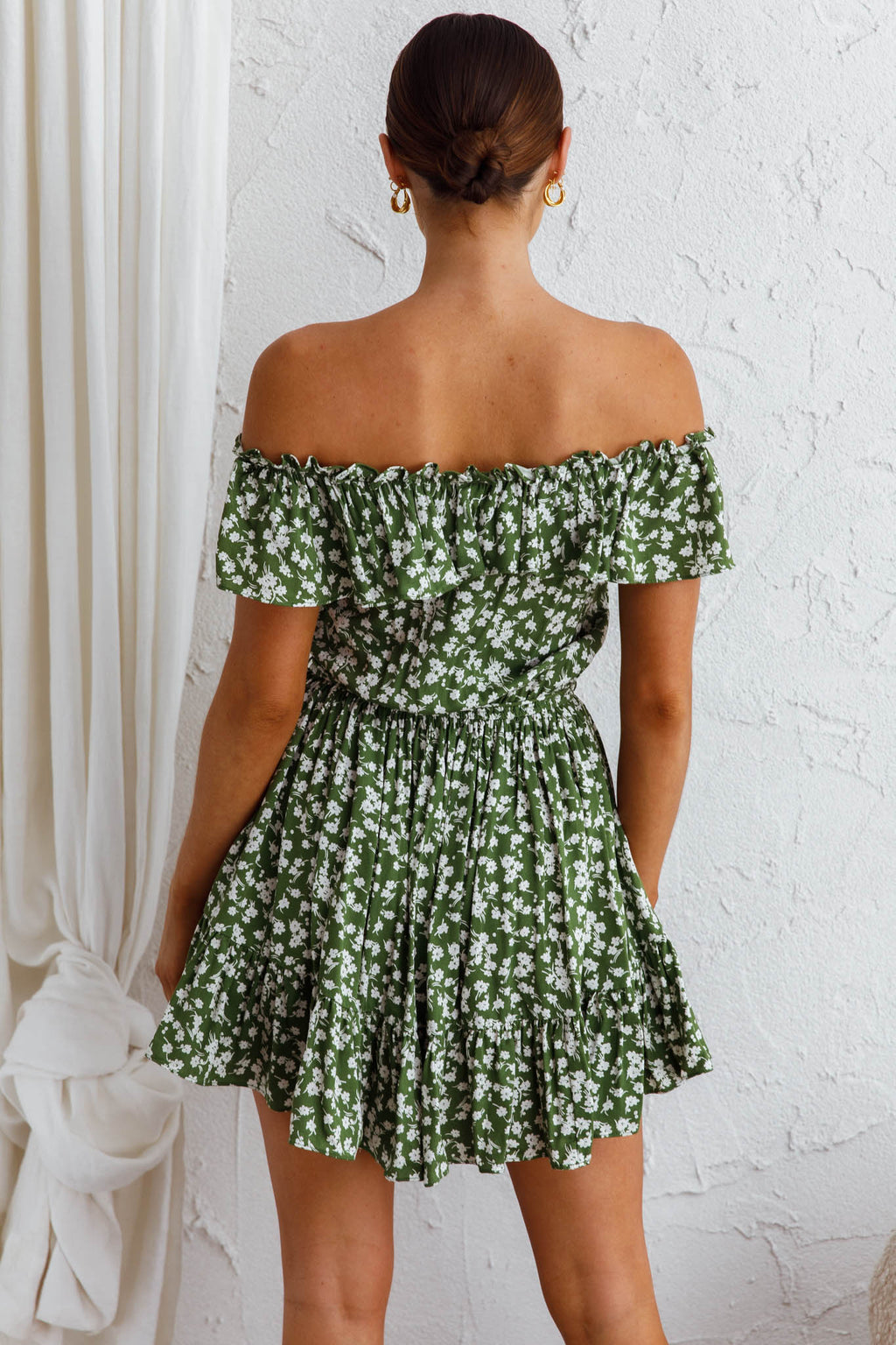 Andie Off-Shoulder Frill Dress Floral Green by Selfie Leslie