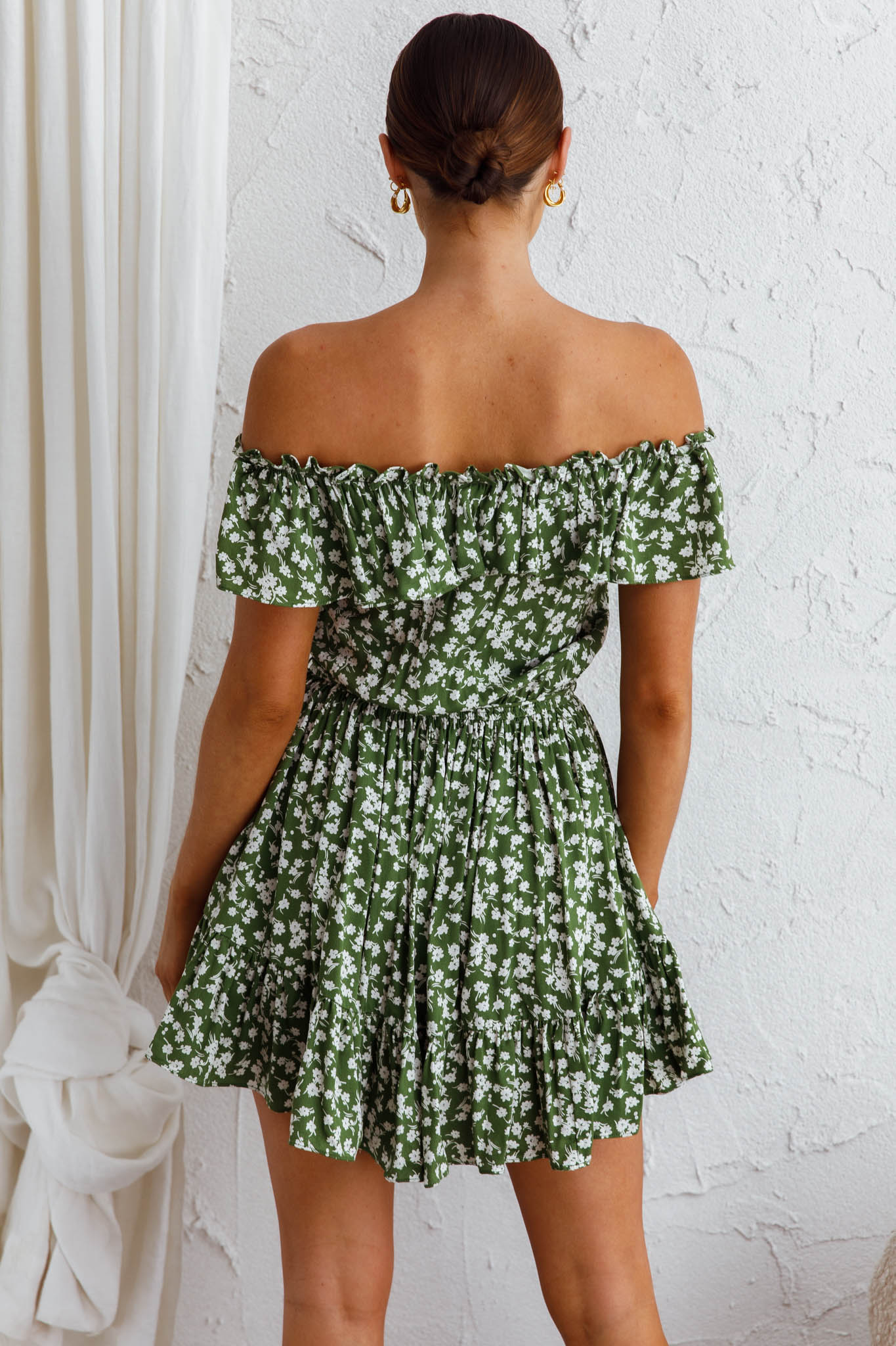 Andie Off-Shoulder Frill Dress Floral Green by Selfie Leslie