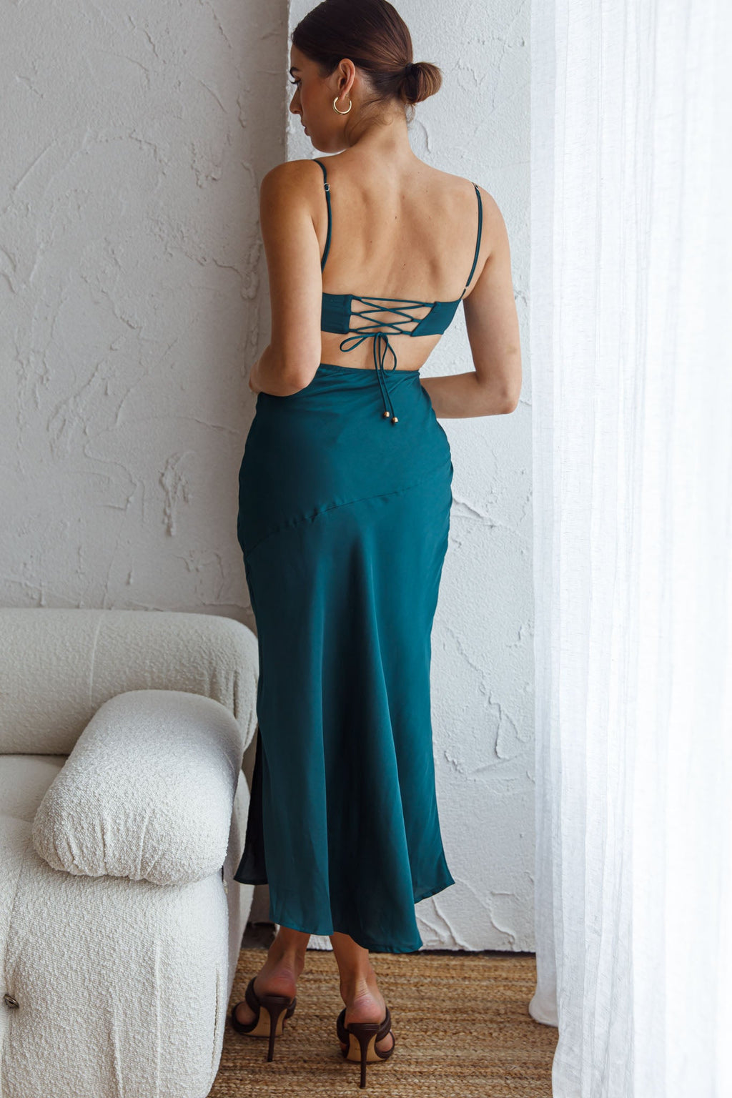 Fondest Memories Ruched Drawstring Bust Lace-Up Back Midi Dress Forest Green by Selfie Leslie