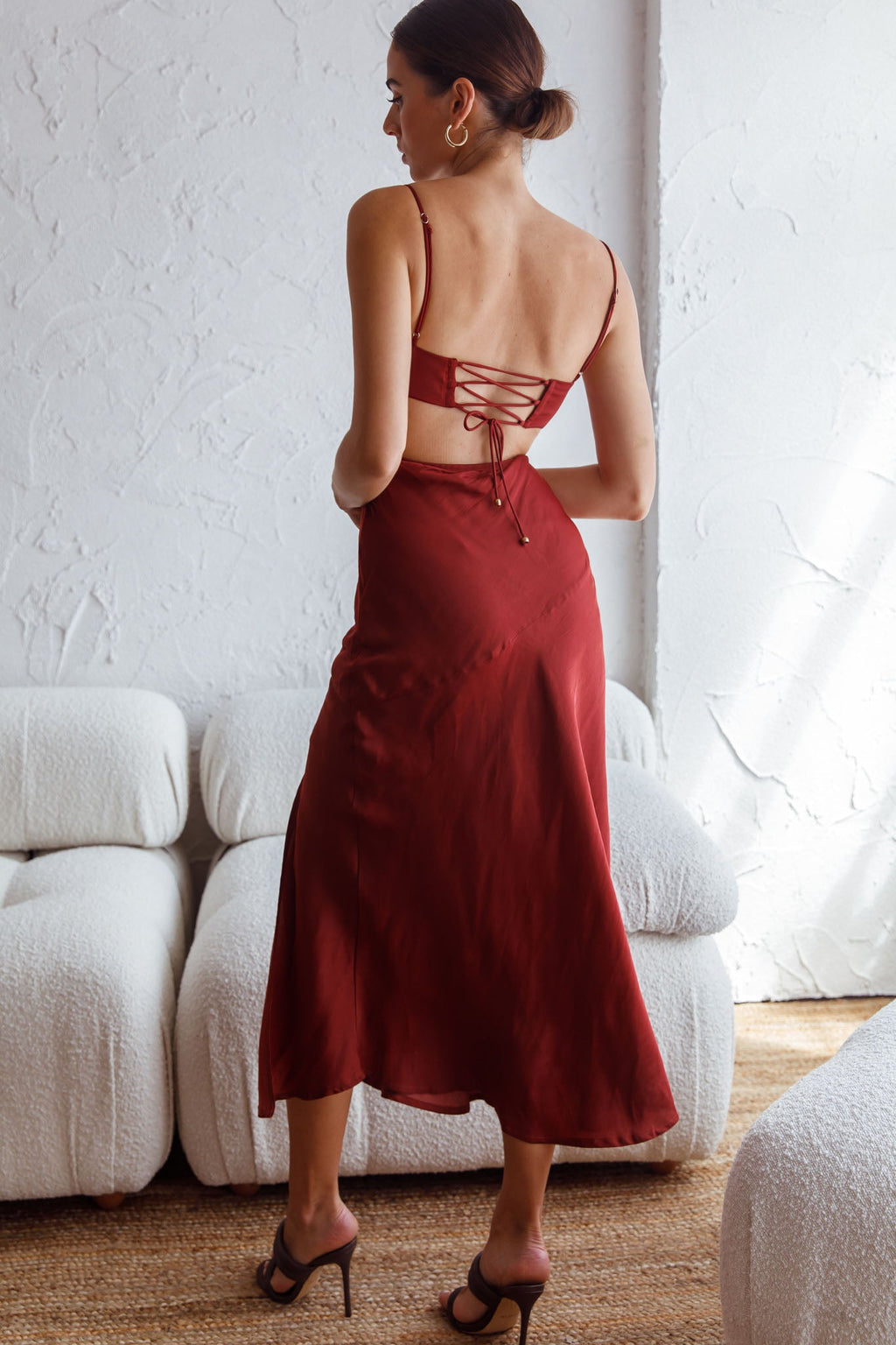 Fondest Memories Ruched Drawstring Bust Lace-Up Back Midi Dress Brown by Selfie Leslie