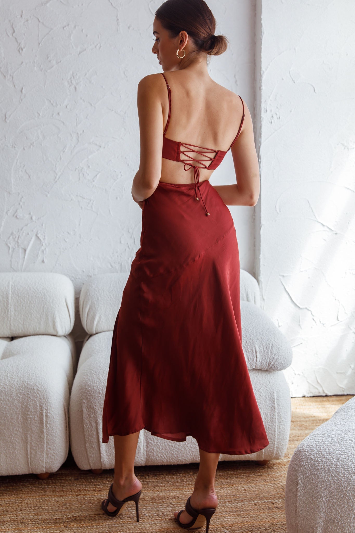Fondest Memories Ruched Drawstring Bust Lace-Up Back Midi Dress Brown by Selfie Leslie