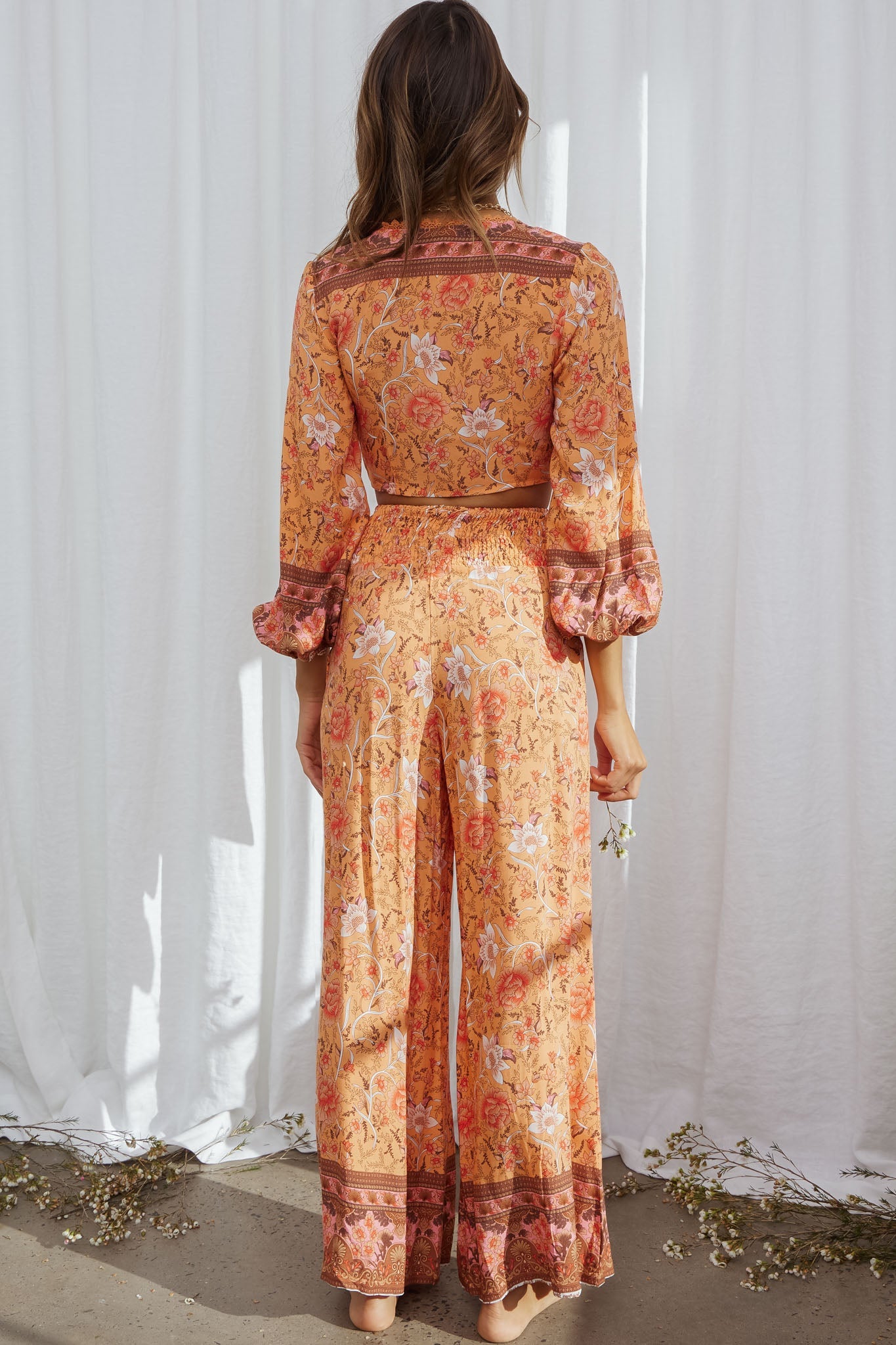 Novo Shirred Waist Long Pants Bohemian Print Orange by Selfie Leslie