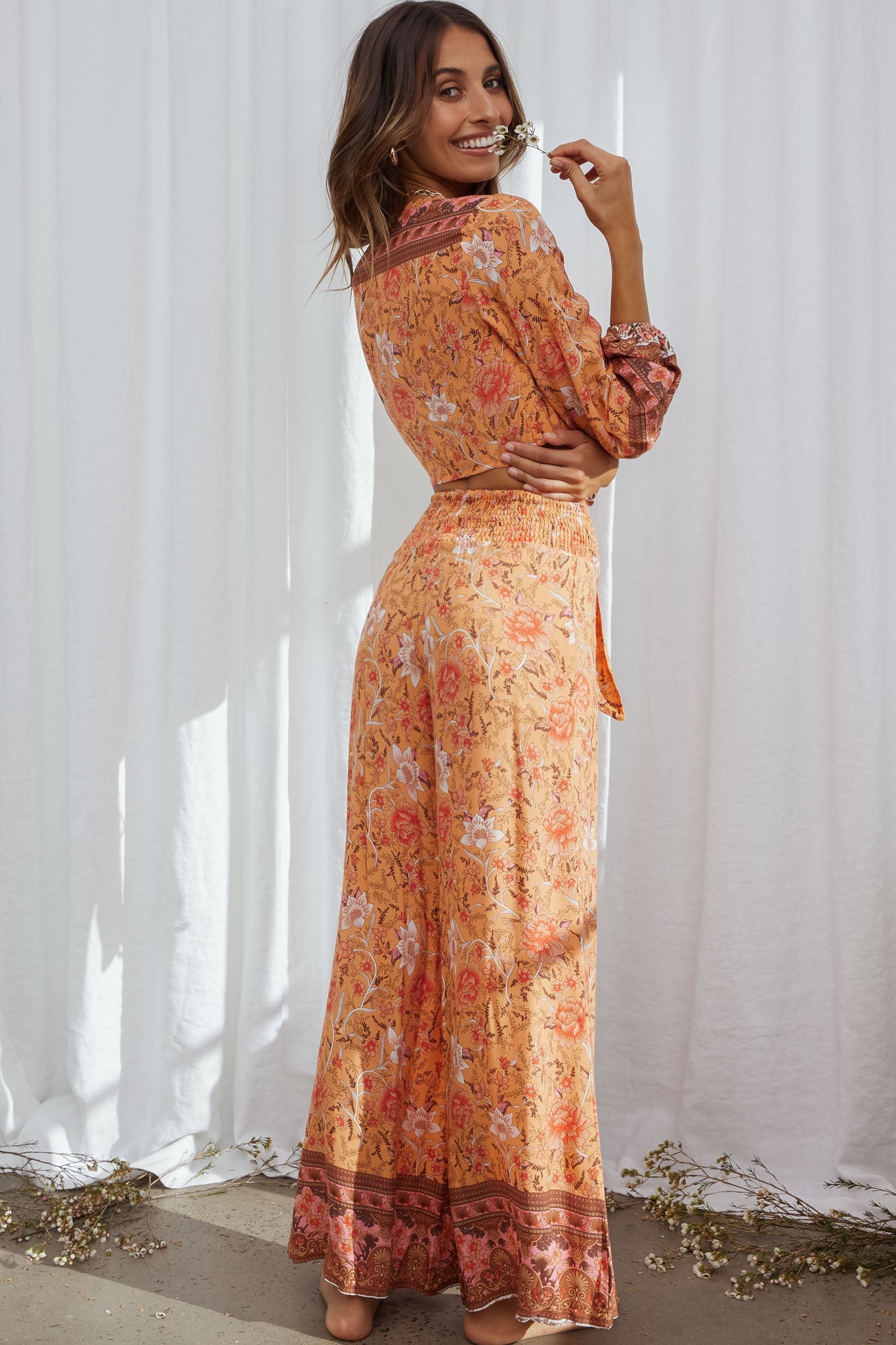 Novo Shirred Waist Long Pants Bohemian Print Orange by Selfie Leslie