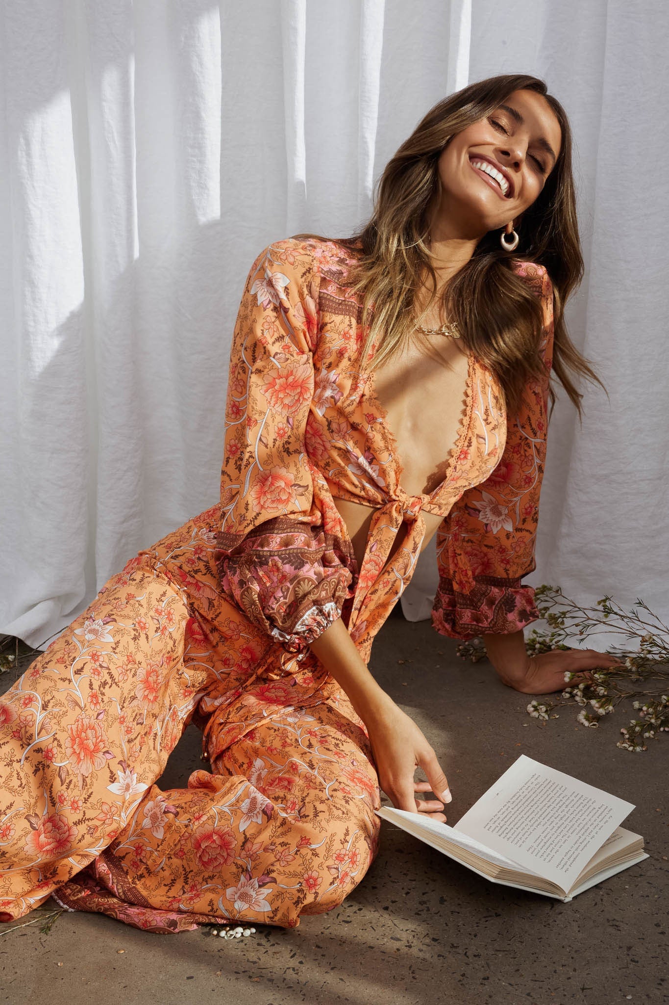 Novo Shirred Waist Long Pants Bohemian Print Orange by Selfie Leslie