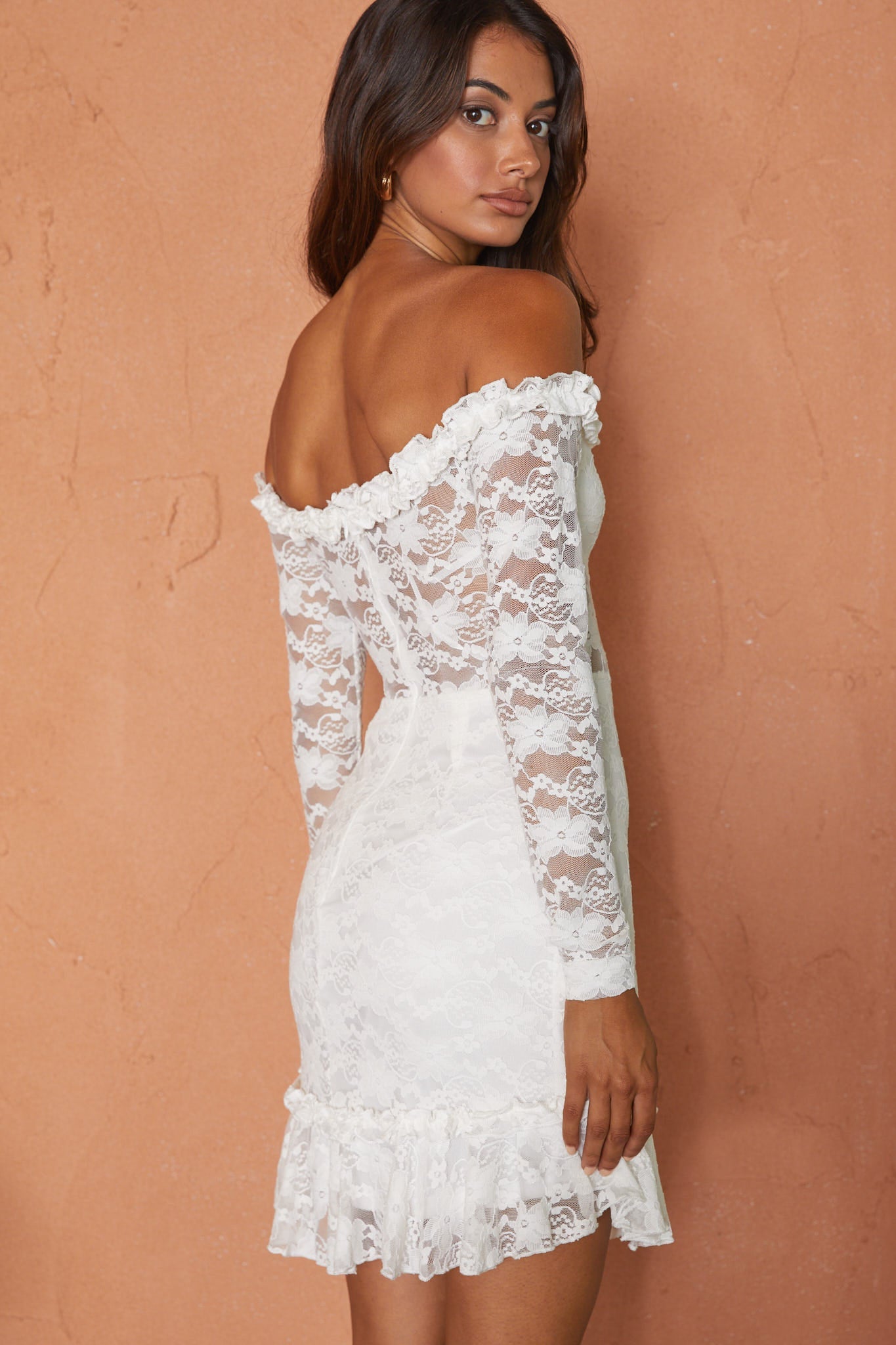 Dove Off-Shoulder Frill Trim Lace Mini Dress White by Selfie Leslie