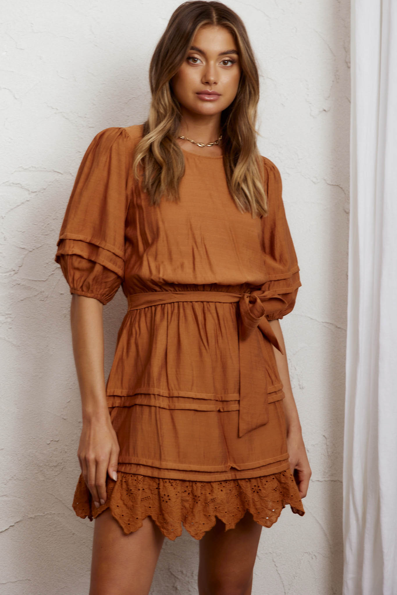 Laiken Waist Tie Pintuck Dress Tan by Selfie Leslie