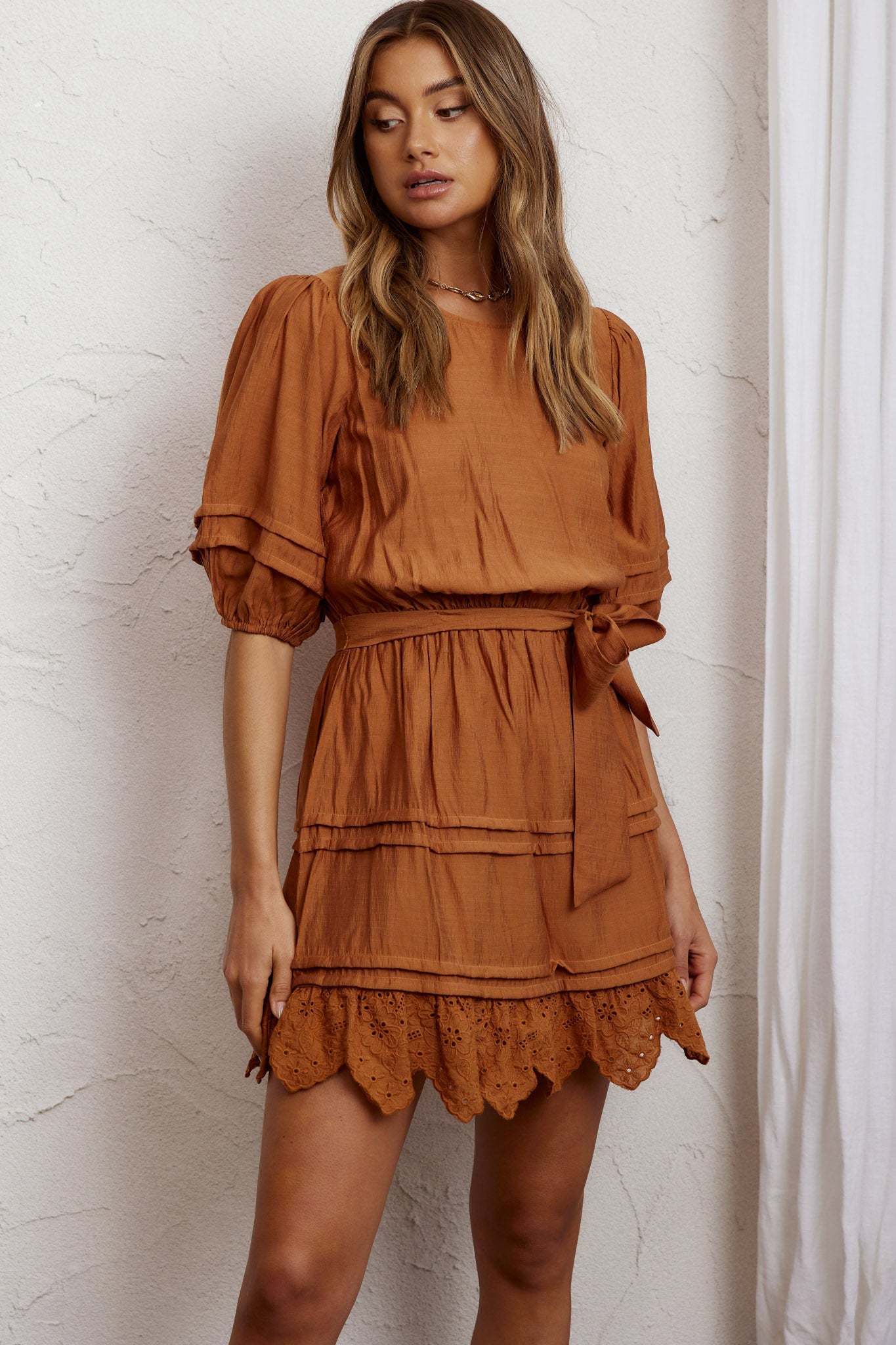 Laiken Waist Tie Pintuck Dress Tan by Selfie Leslie