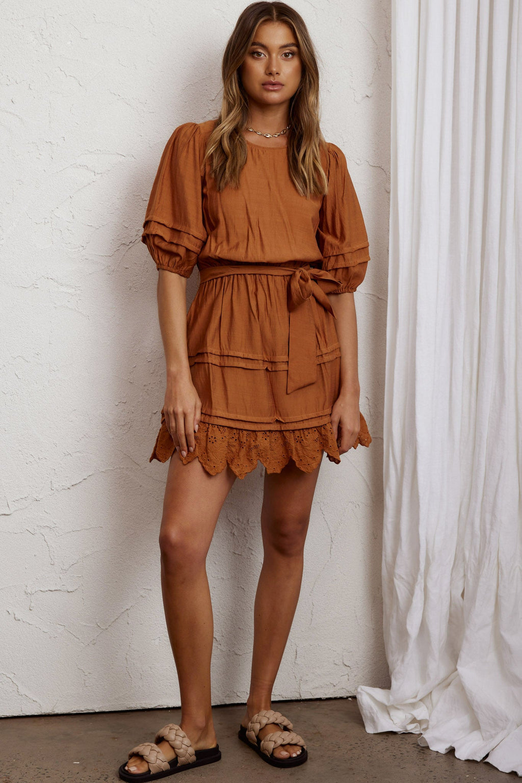 Laiken Waist Tie Pintuck Dress Tan by Selfie Leslie