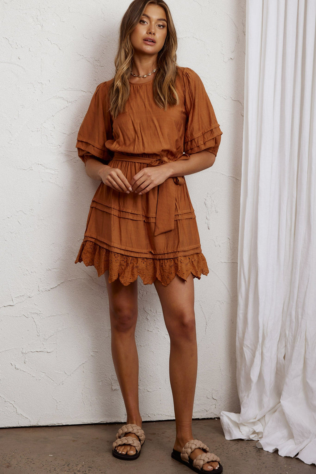 Laiken Waist Tie Pintuck Dress Tan by Selfie Leslie
