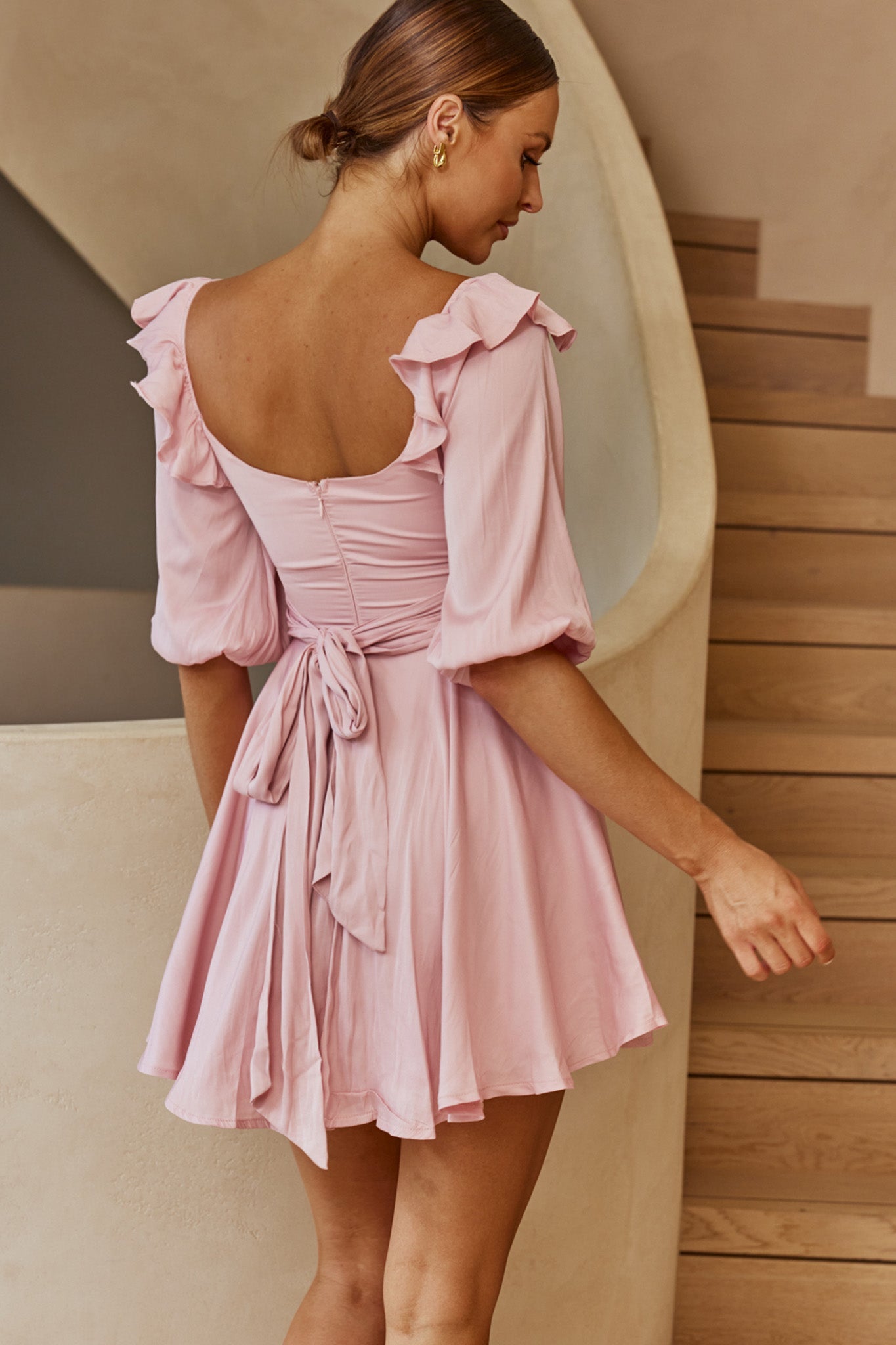 Only Yours Frill Trim Waist Tie Satin Mini Dress Blush by Selfie Leslie